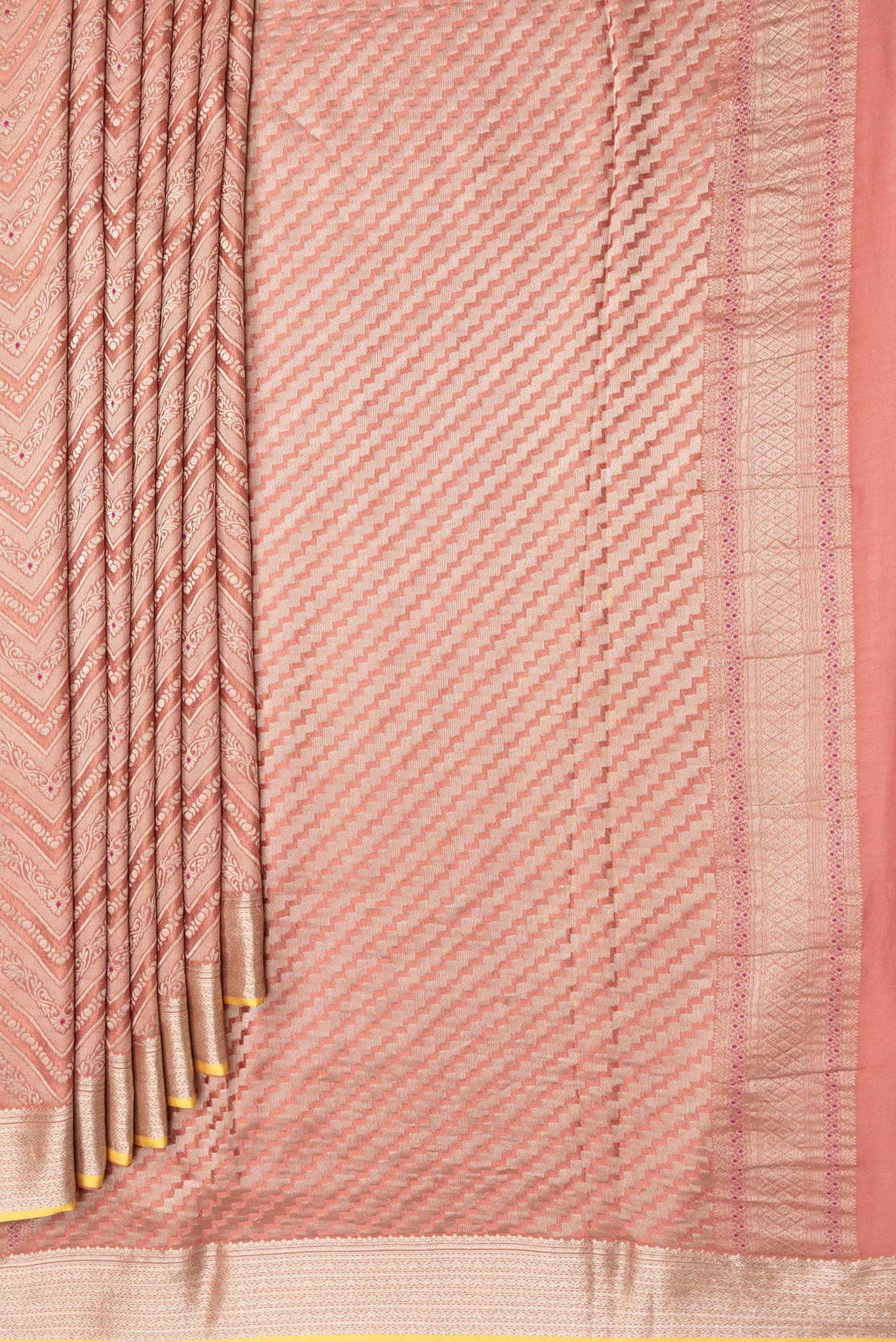Pleats and pallu of Brick Orange Dual Tone Banarasi Georgette Saree with Zari Brocade on the body and Zari Border. 