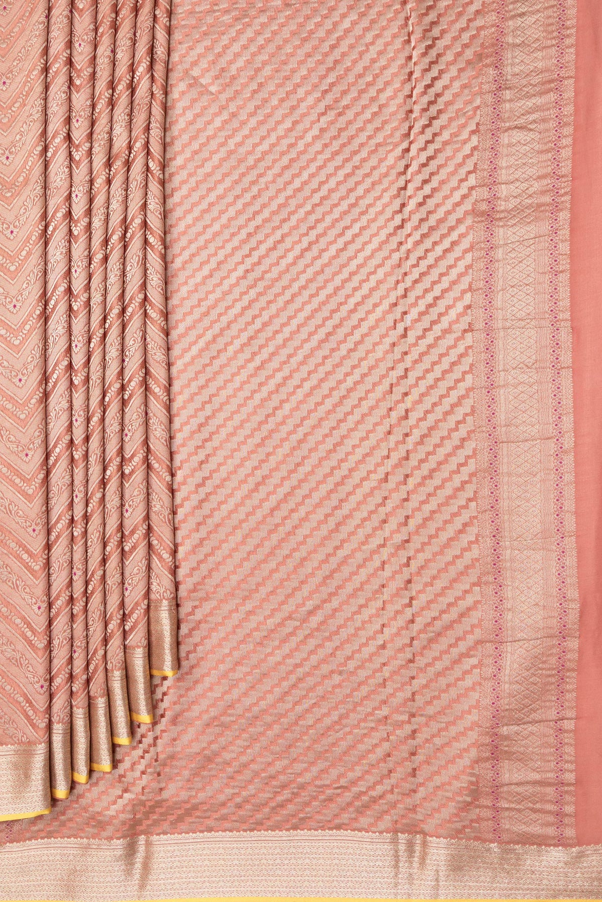 Pleats and pallu of Brick Orange Dual Tone Banarasi Georgette Saree with Zari Brocade on the body and Zari Border. 