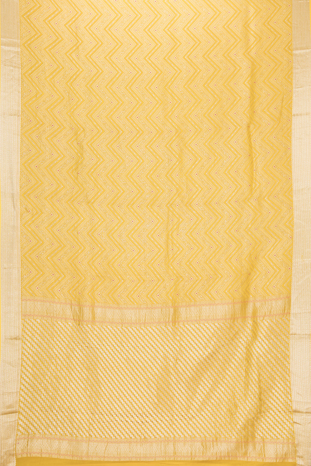 Flat view of Yellow Dual Tone Banarasi Georgette Saree with Zari Brocade on the body and Zari Border. 