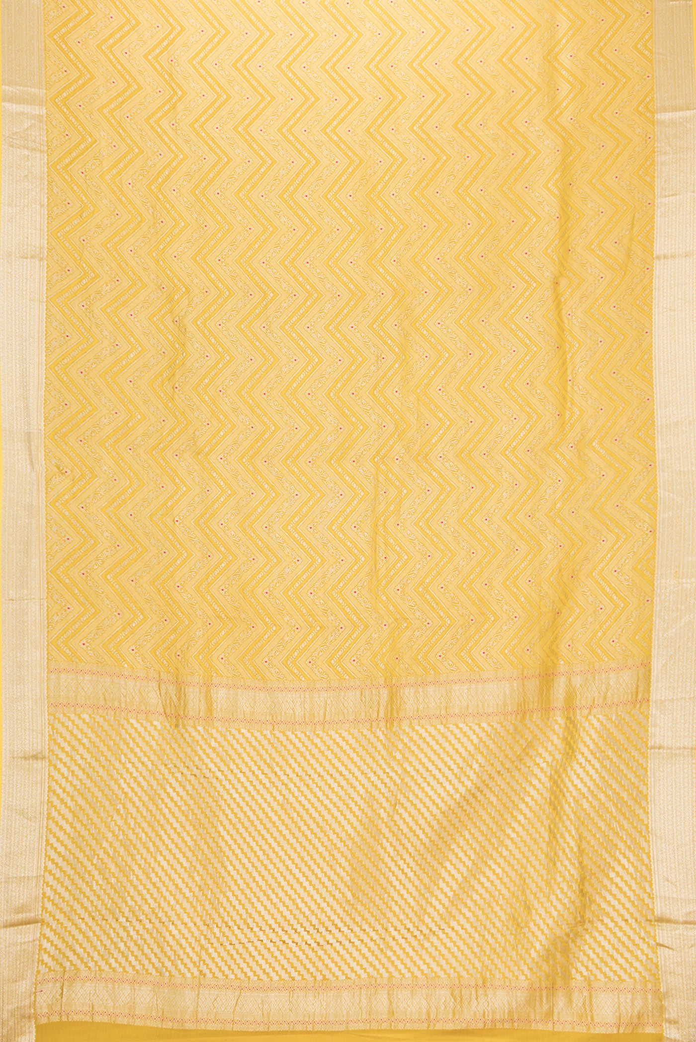 Flat view of Yellow Dual Tone Banarasi Georgette Saree with Zari Brocade on the body and Zari Border. 