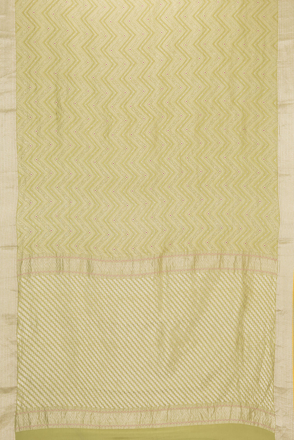 Flat view of Parrot Green Dual Tone Banarasi Georgette Saree with Zari Brocade on the body and Zari Border. 
