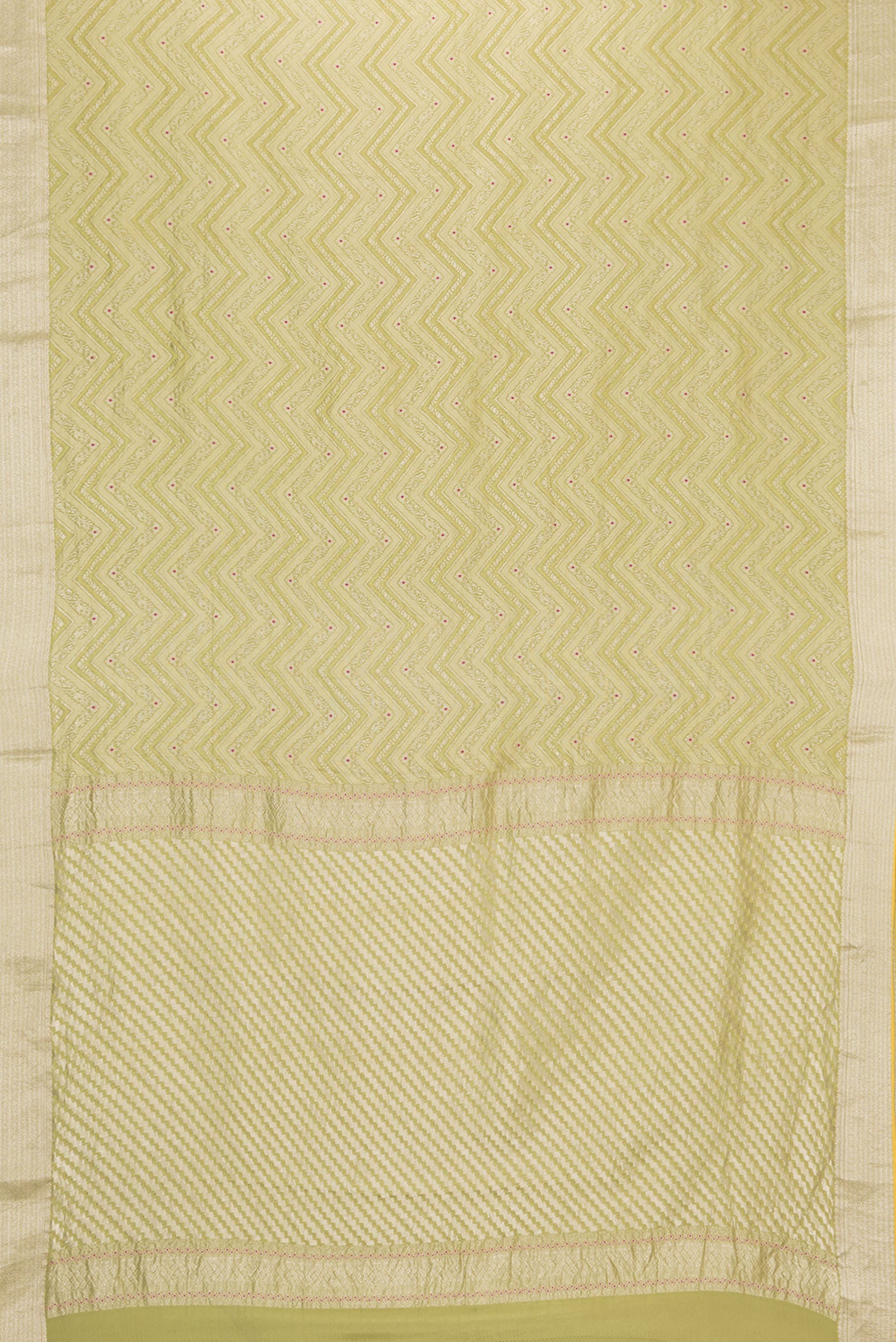 Flat view of Parrot Green Dual Tone Banarasi Georgette Saree with Zari Brocade on the body and Zari Border. 