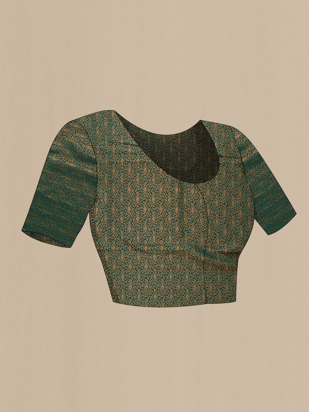 Close up image of the blouse of Bottle Green Dual Tone Mysore Crepe Saree with Zari Brocade on the body and Zari Border. 