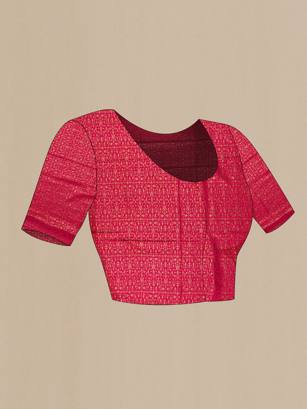 Close up image of the blouse of Dark Pink Mysore Crepe Saree with Zari Brocade on the body and Zari Border. 