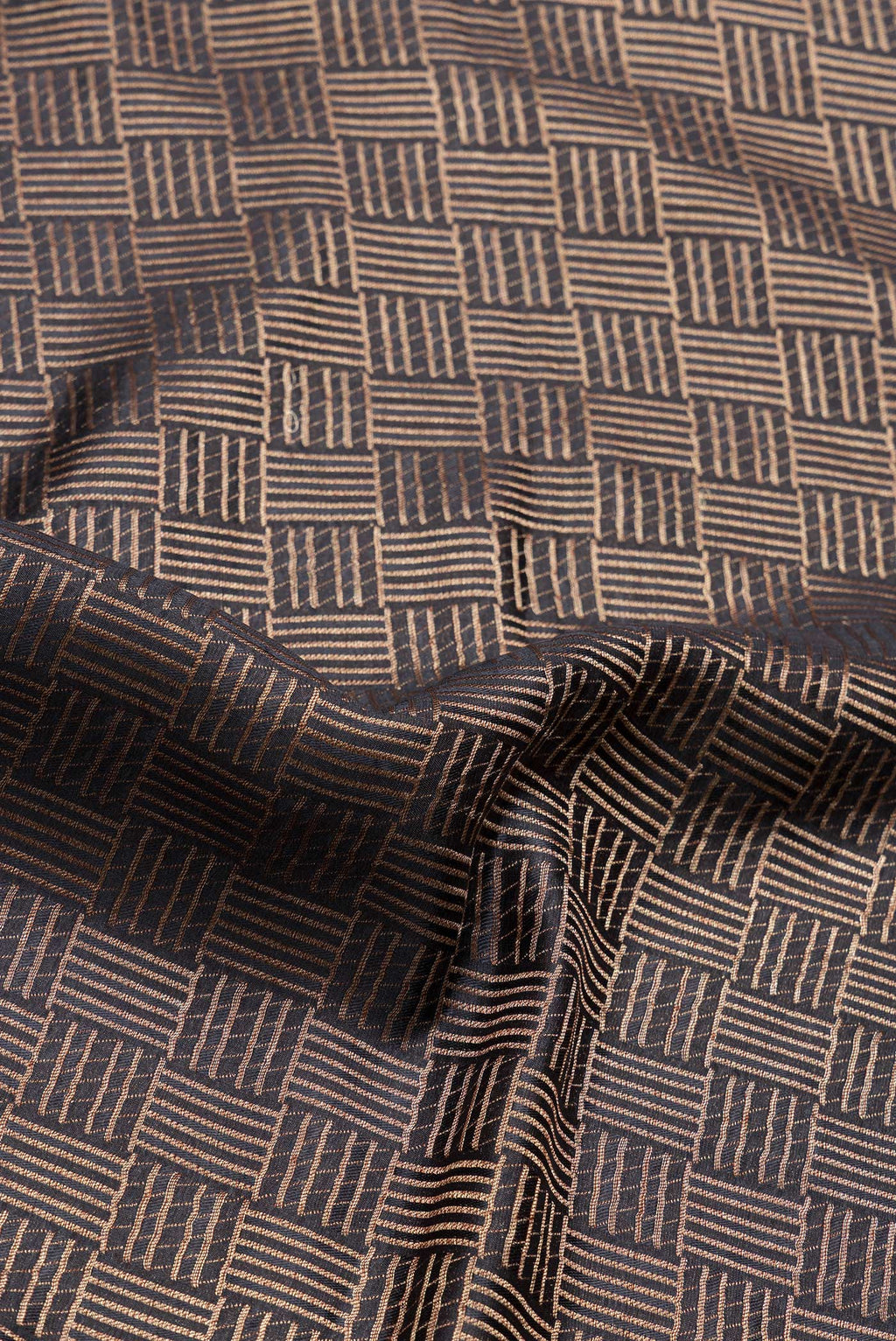 Close up of Black Dual Tone Tussar Silk Saree with Zari Brocade on the body and Zari Border.  displaying folds