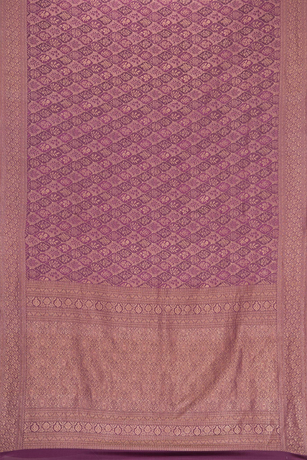 Flat view of Magenta Dual Tone Banarasi Georgette Saree with Zari Brocade on the body and Zari Border. 