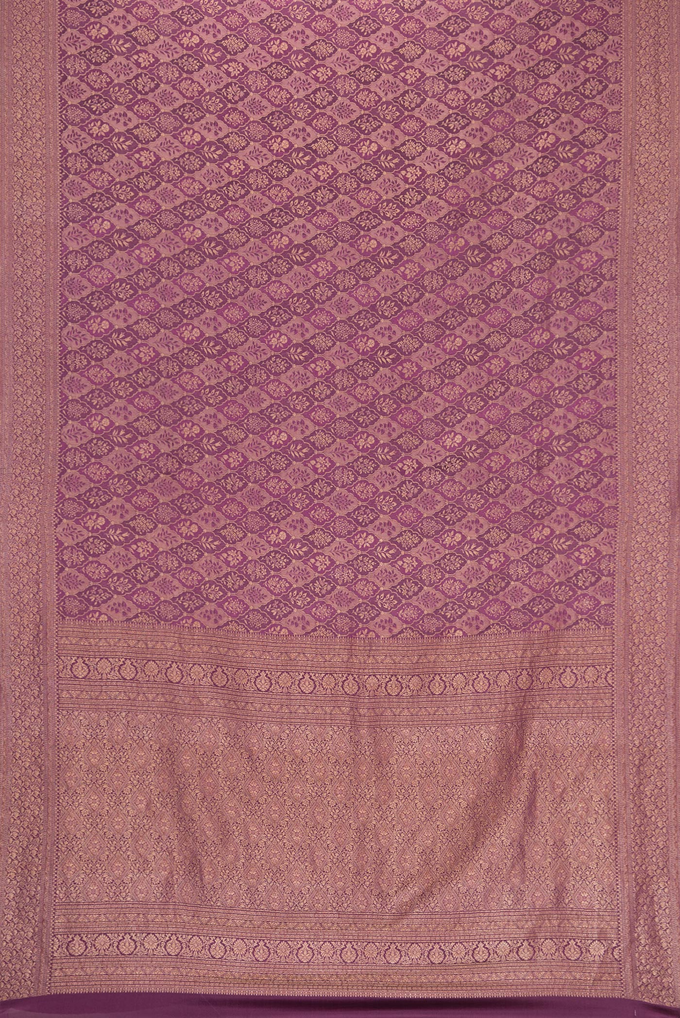 Flat view of Magenta Dual Tone Banarasi Georgette Saree with Zari Brocade on the body and Zari Border. 