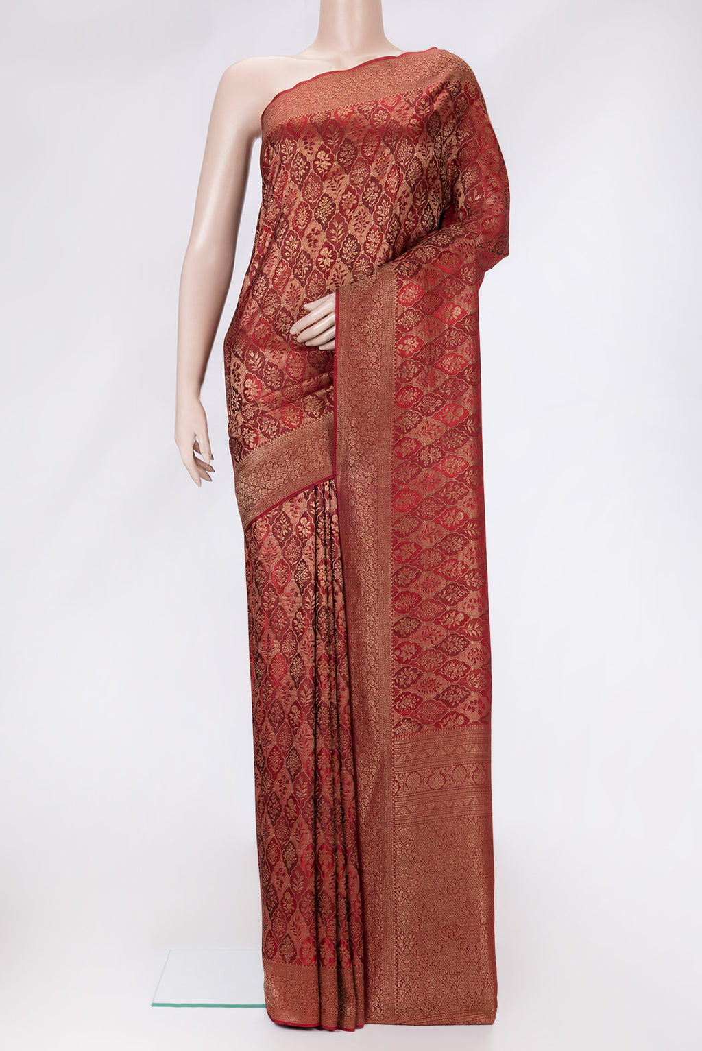 Maroon Dual Tone Banarasi Georgette Saree with Zari Brocade on the body and Zari Border.  displayed on a mannequin