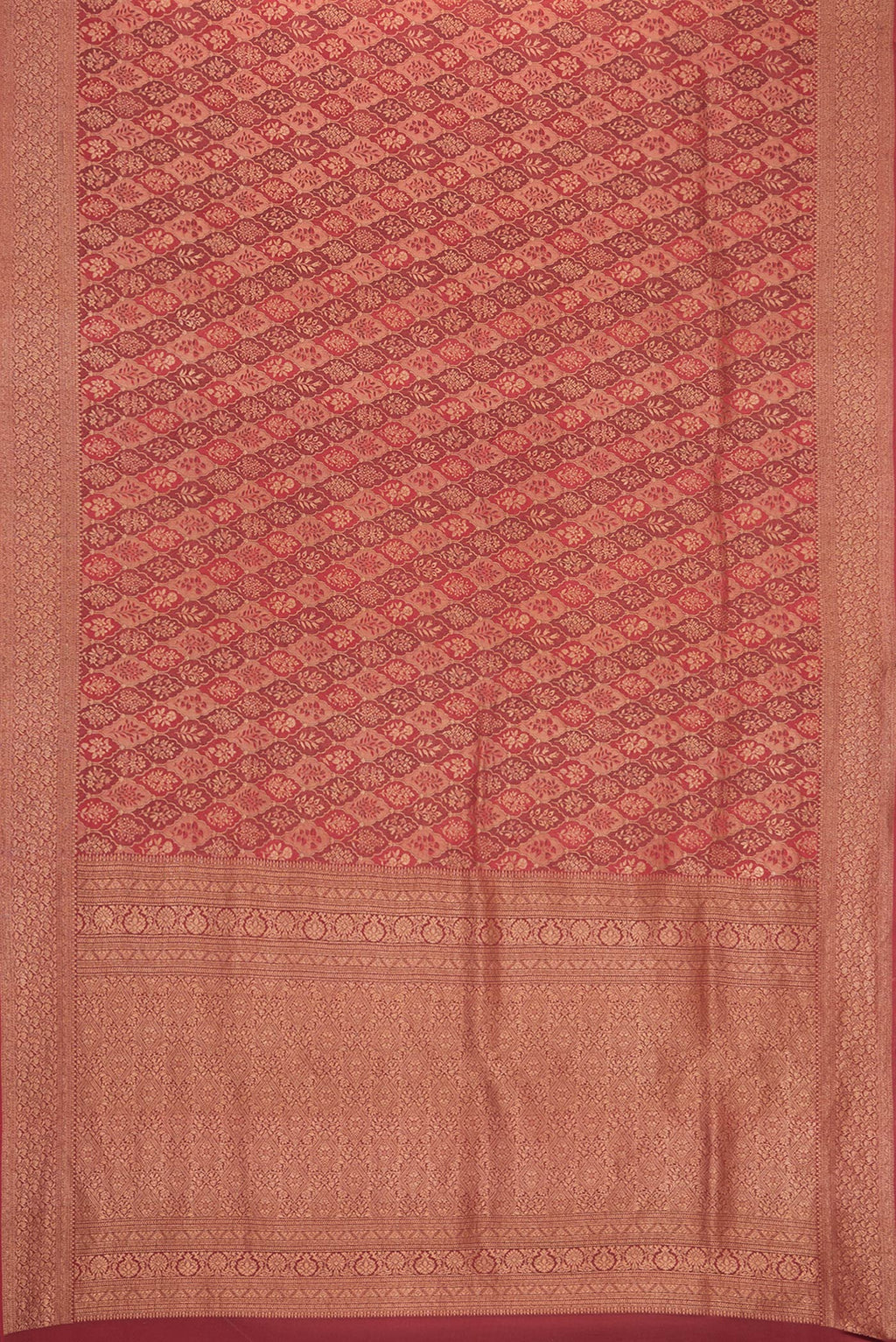 Flat view of Maroon Dual Tone Banarasi Georgette Saree with Zari Brocade on the body and Zari Border. 