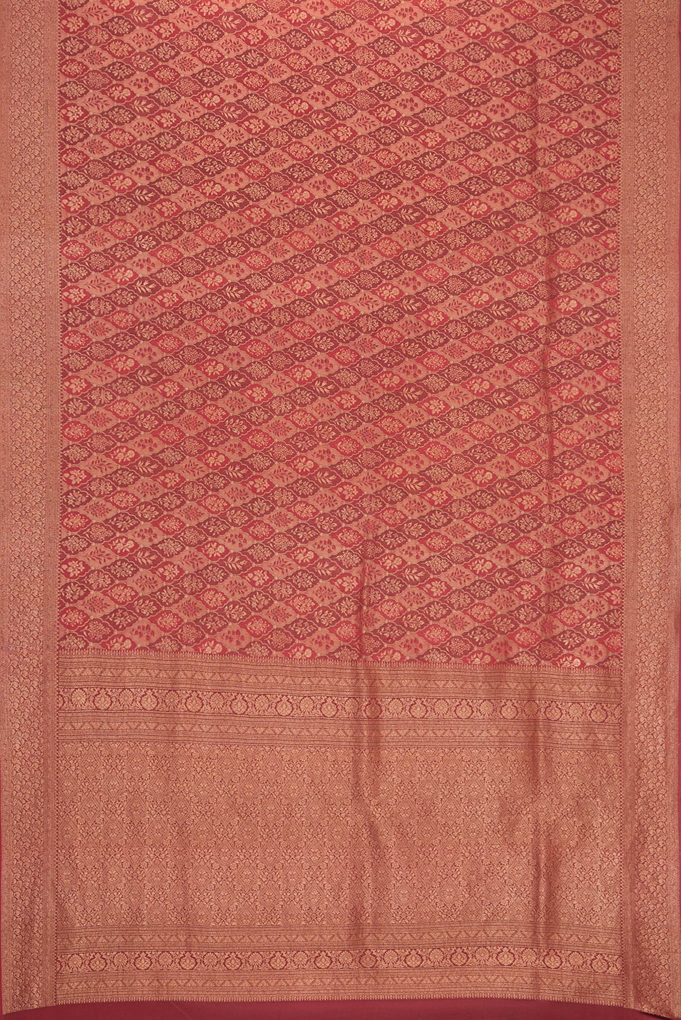 Flat view of Maroon Dual Tone Banarasi Georgette Saree with Zari Brocade on the body and Zari Border. 