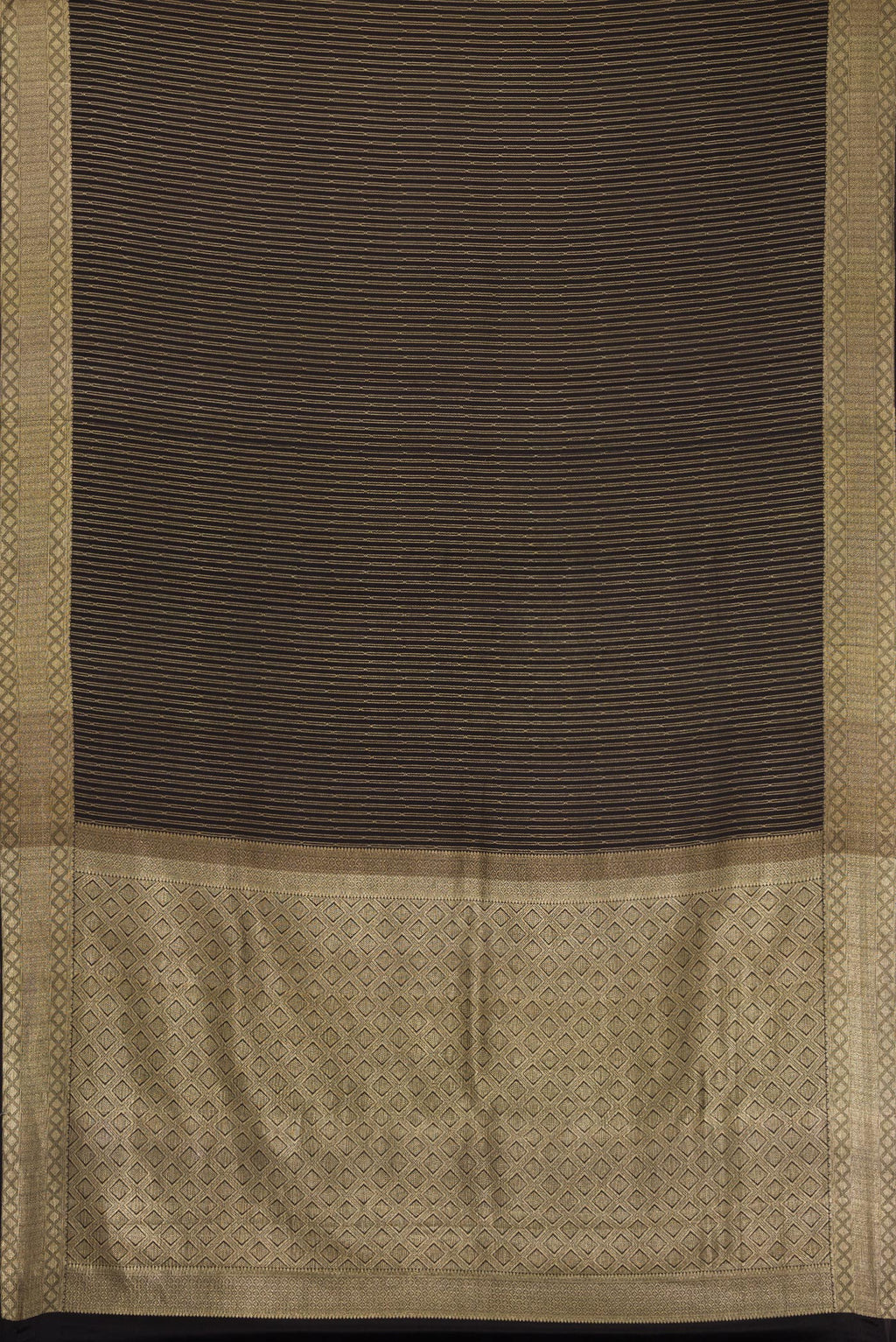 Flat view of Black Mysore Crepe Saree with Stripes on the body and Zari Border. 