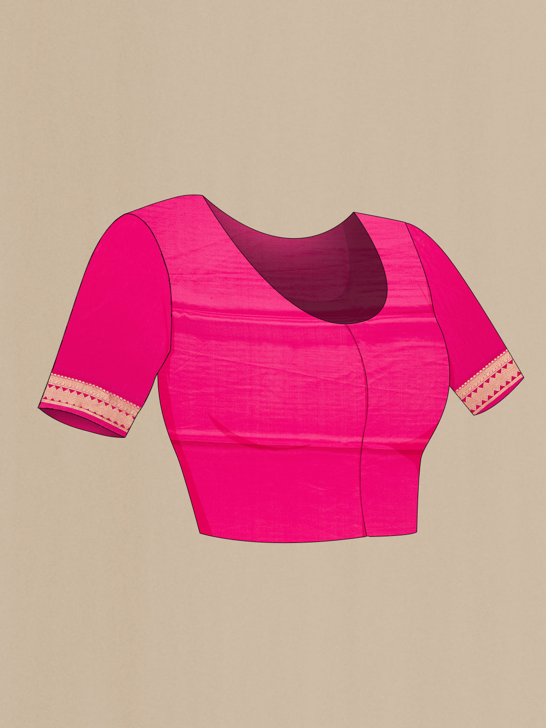 Close up image of the blouse of Pink Mysore Crepe Saree with Stripes on the body and Zari Border. 