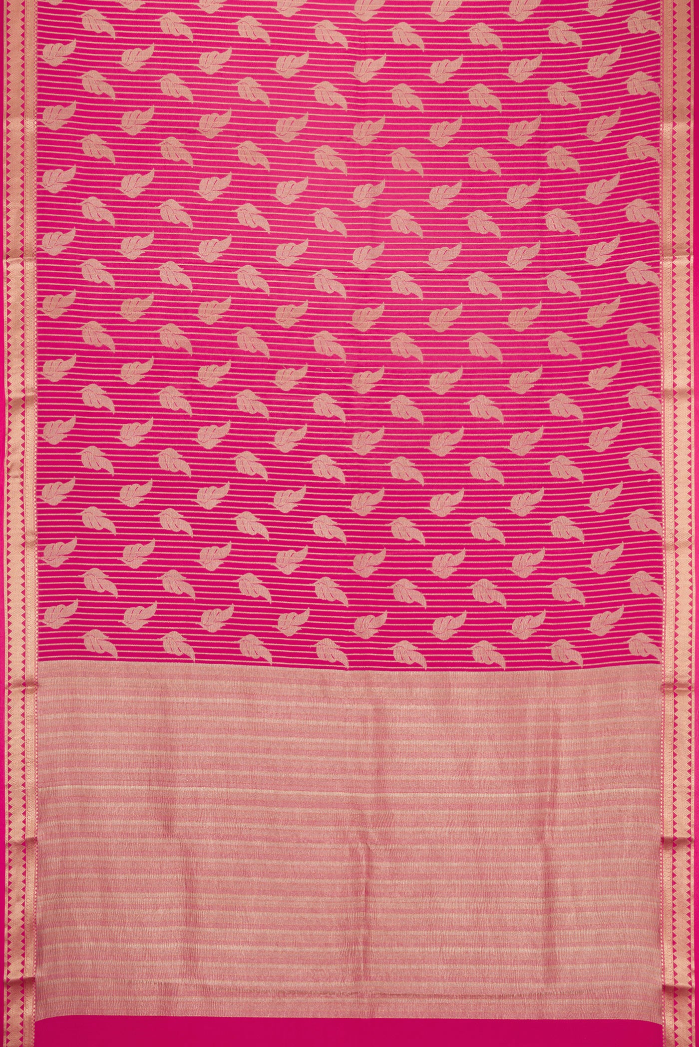 Flat view of Pink Mysore Crepe Saree with Stripes on the body and Zari Border. 
