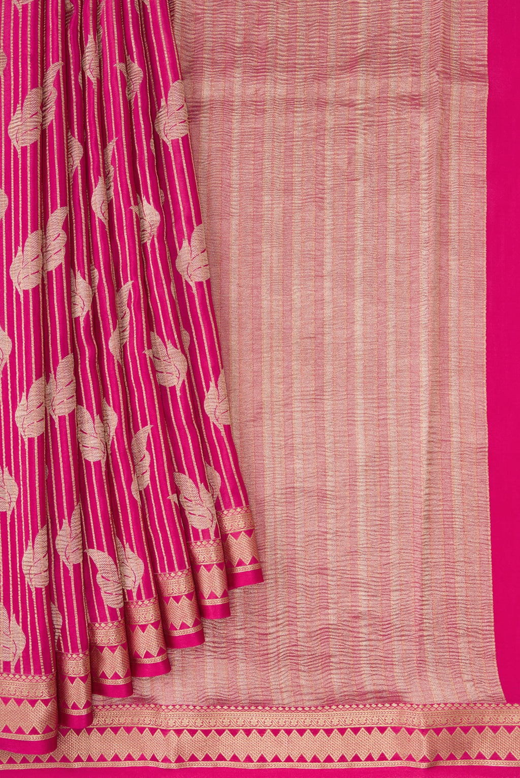 Pleats and pallu of Pink Mysore Crepe Saree with Stripes on the body and Zari Border. 