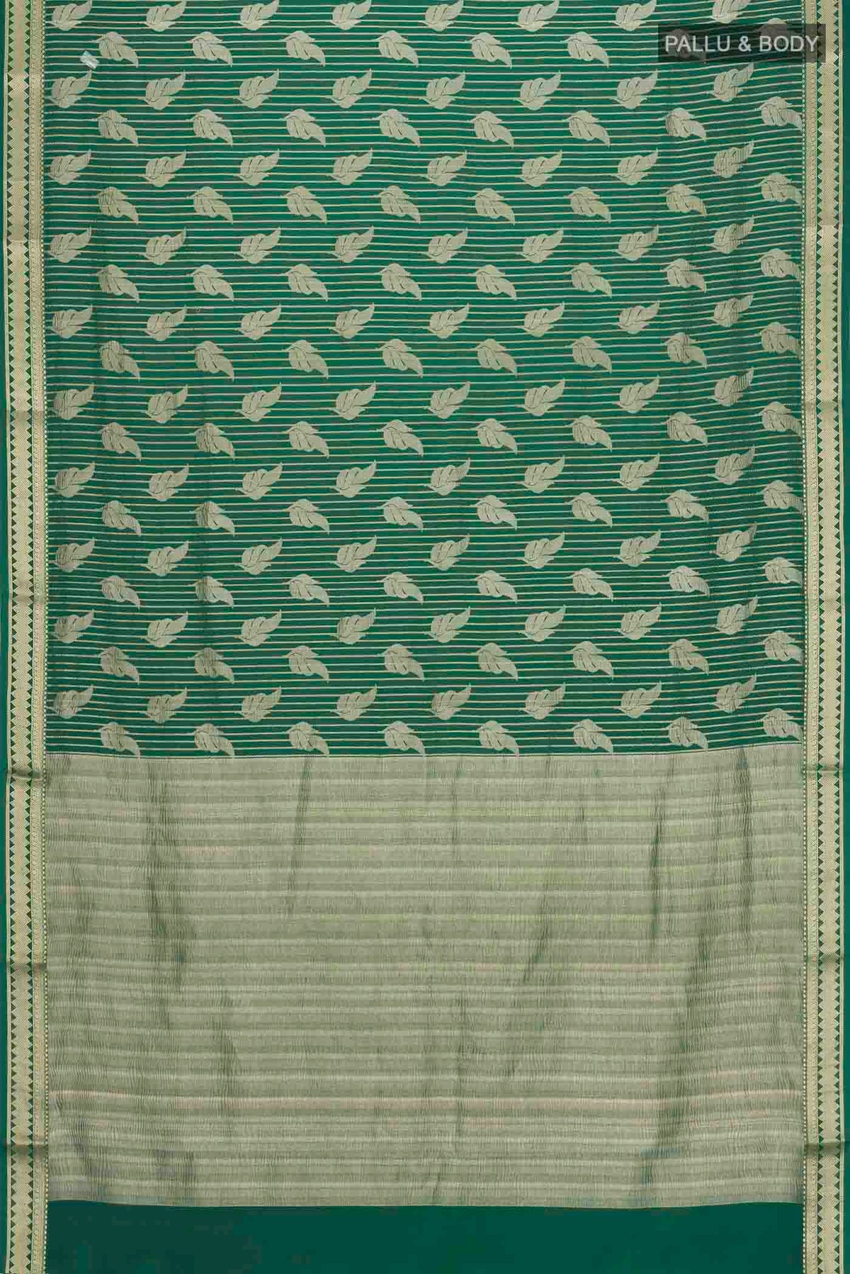 Flat view of Green Mysore Crepe Saree with Zari Butta on the body and Zari Border