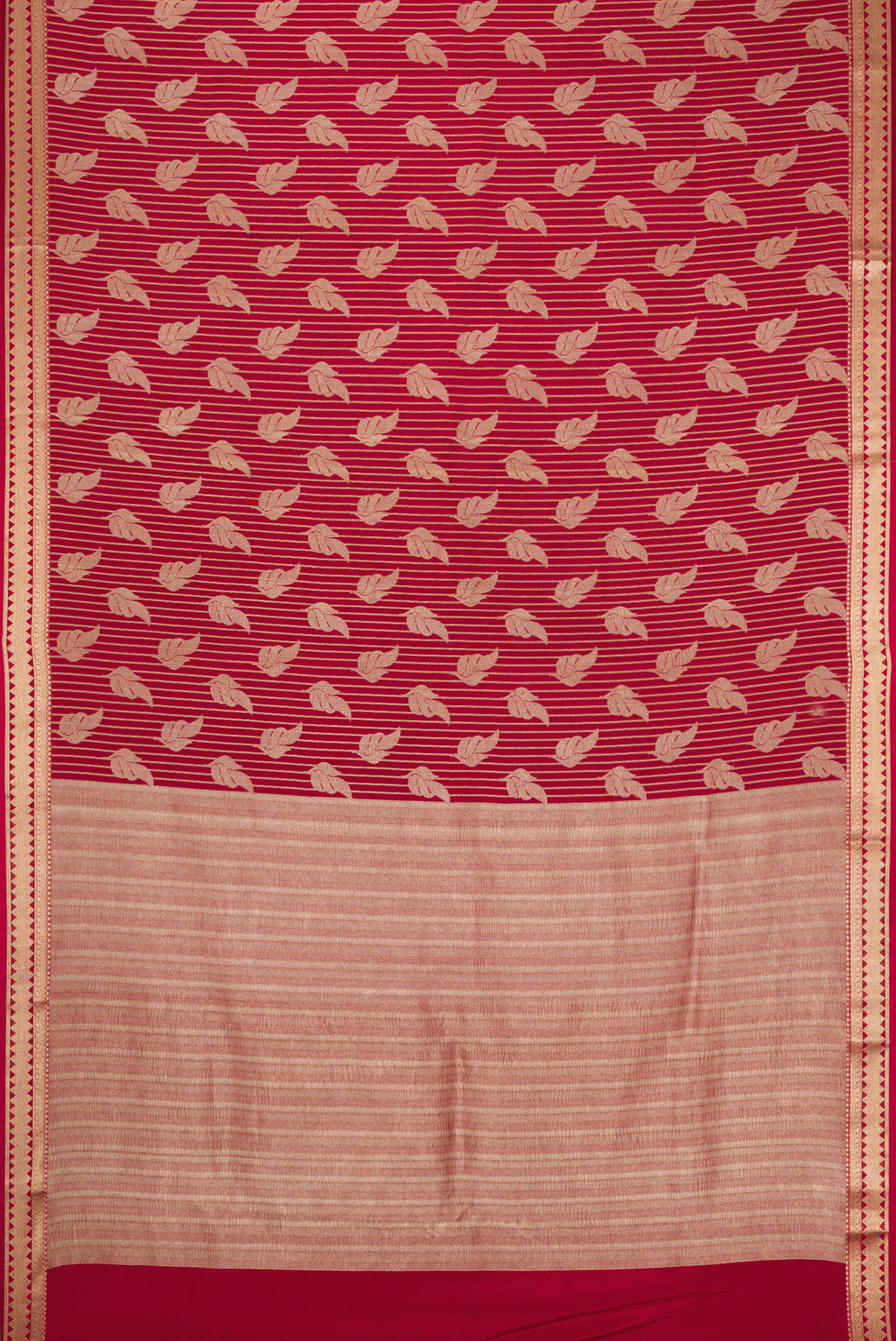 Flat view of Maroon Banarasi Georgette Saree with Zari Brocade on the body and Zari Border. 