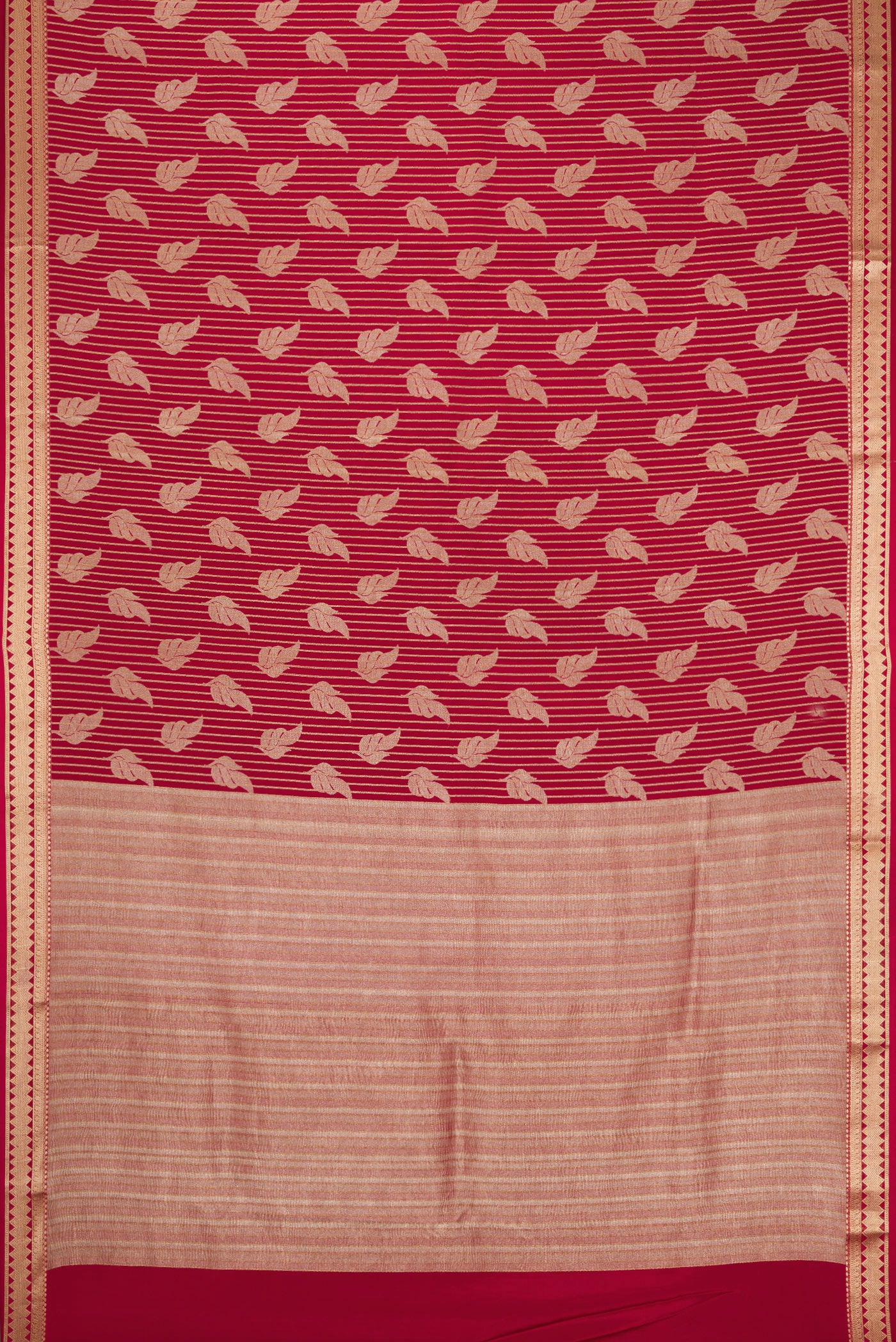 Flat view of Maroon Banarasi Georgette Saree with Zari Brocade on the body and Zari Border. 