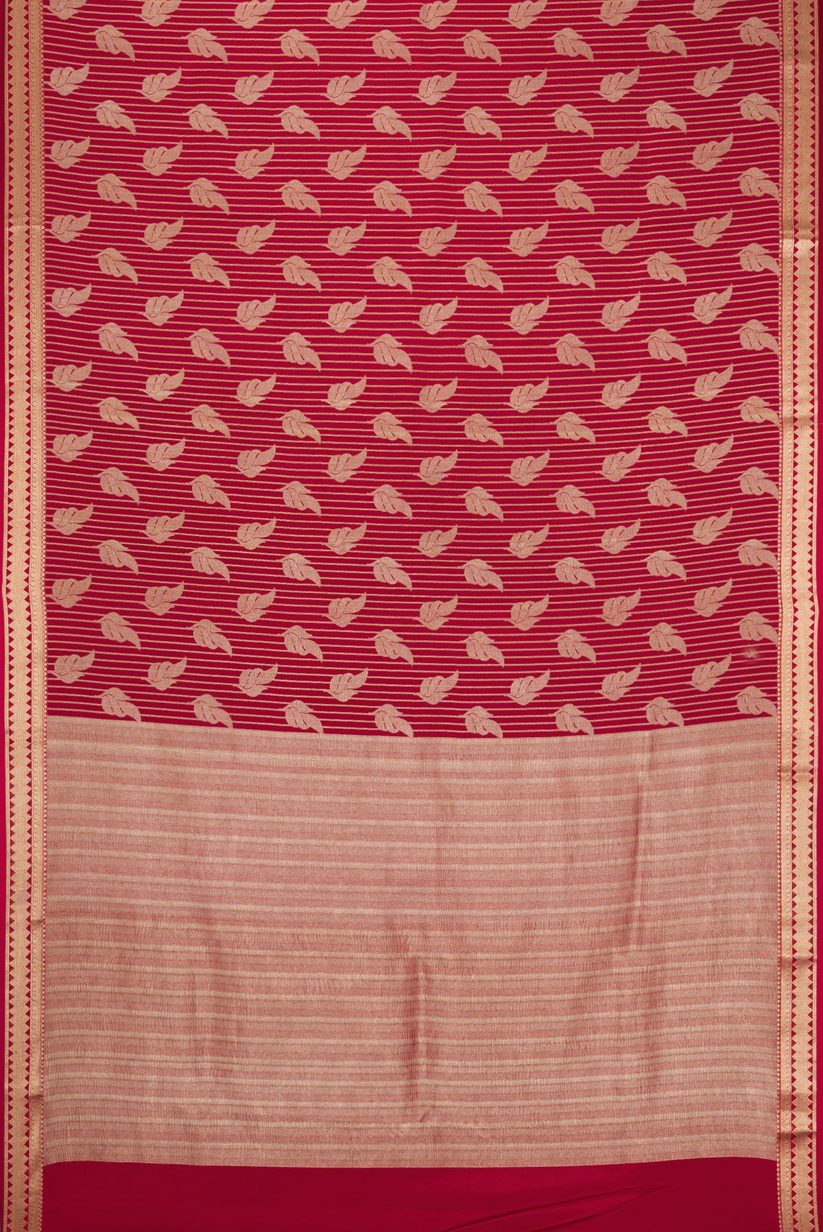 Flat view of Maroon Banarasi Georgette Saree with Zari Brocade on the body and Zari Border. 