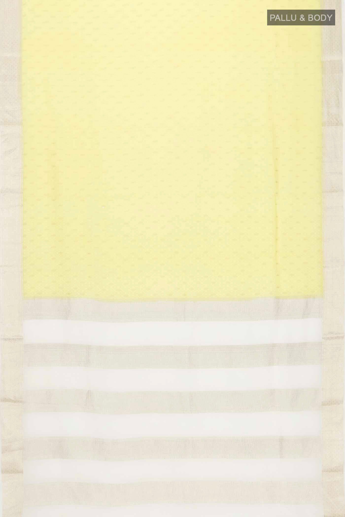 Flat view of Yellow Mysore Crepe Saree with Zari Butta on the body and Zari Border