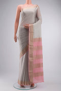 Grey Mysore Crepe Saree with Jacquard With Zari Butta on the body and Zari Border displayed on a mannequin