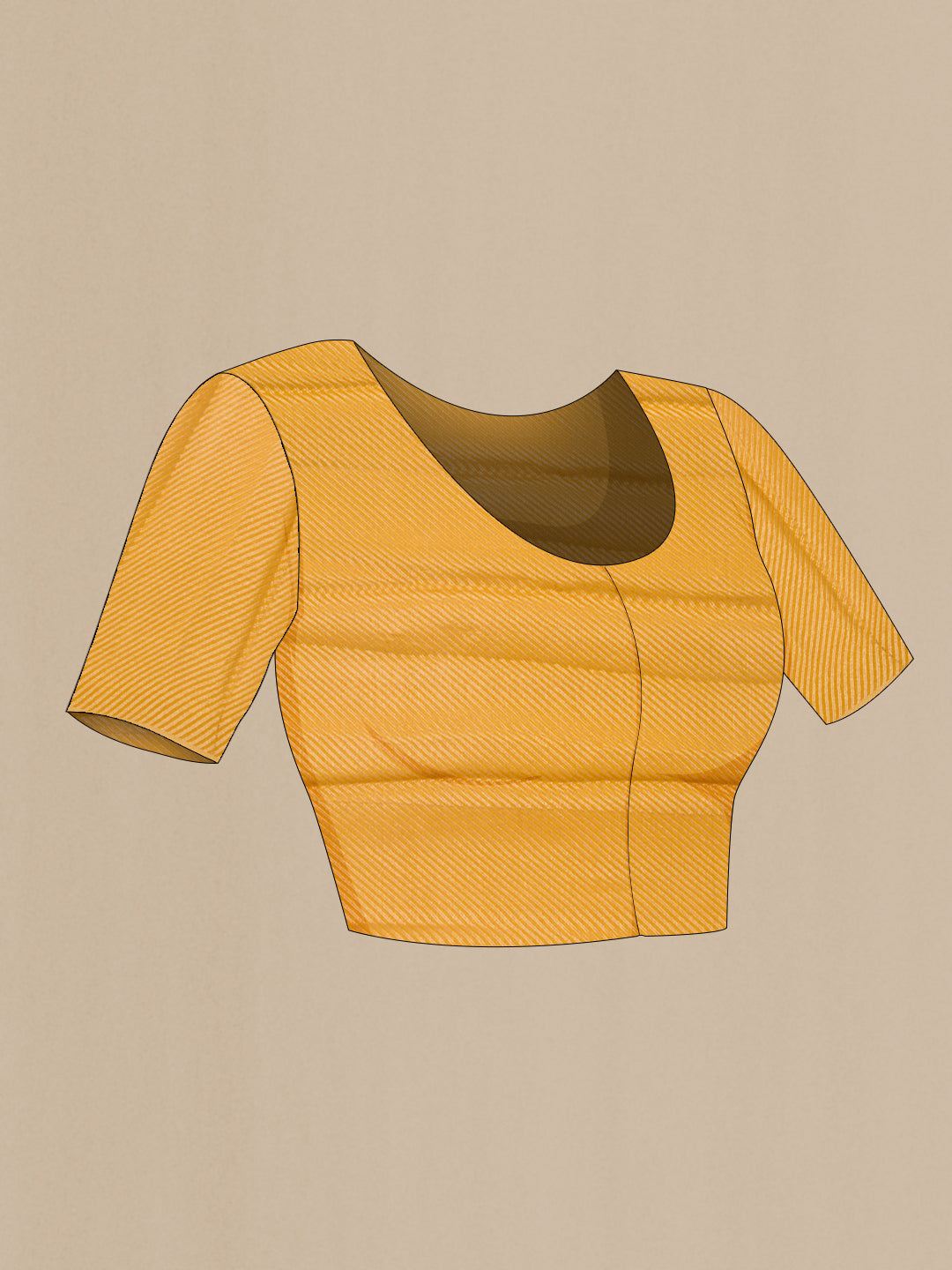 Close up image of the blouse of Mustard Mysore Chiffon Saree with Zari Butta on the body and Thread Border. 