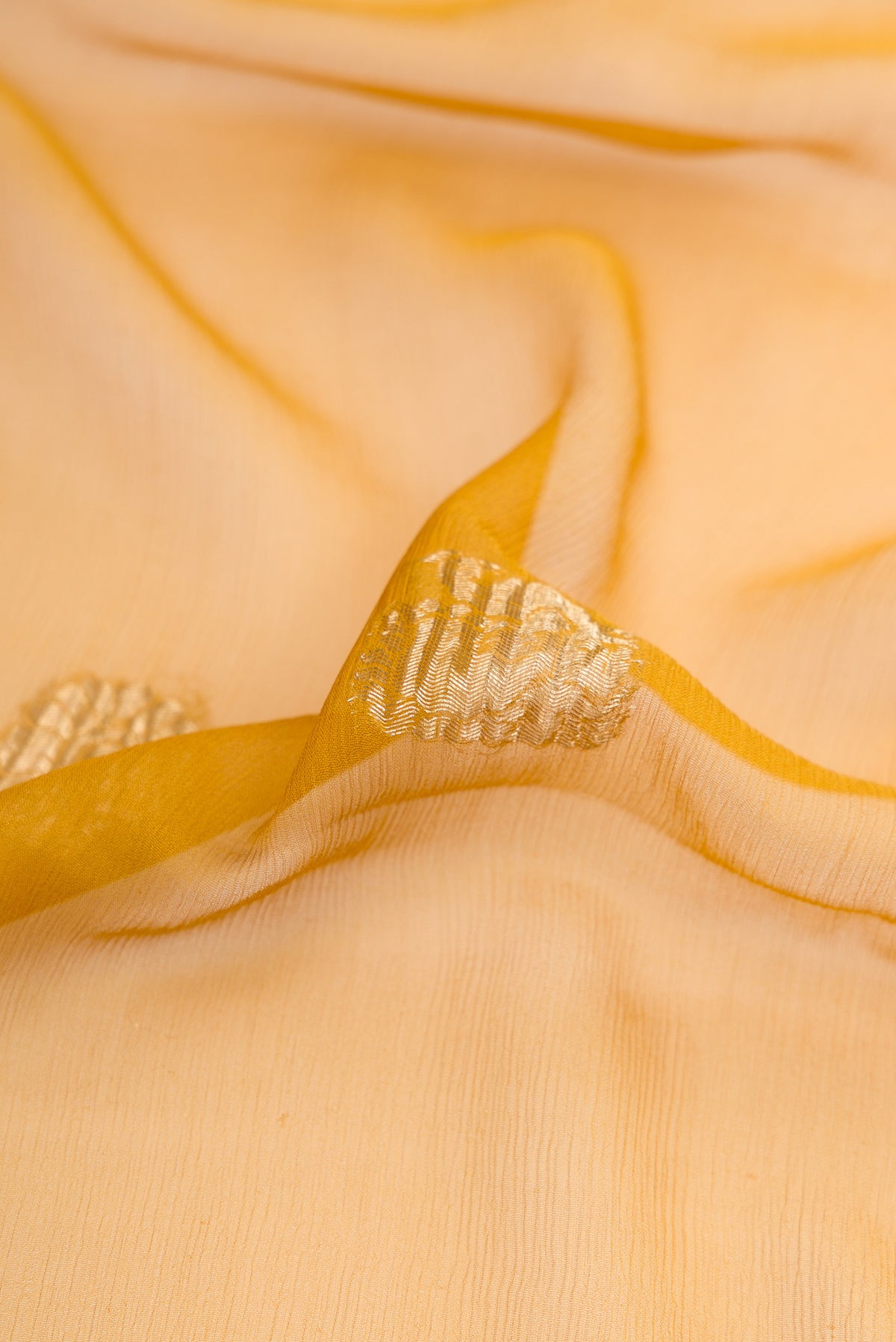 Close up of Mustard Mysore Chiffon Saree with Zari Butta on the body and Thread Border.  displaying folds