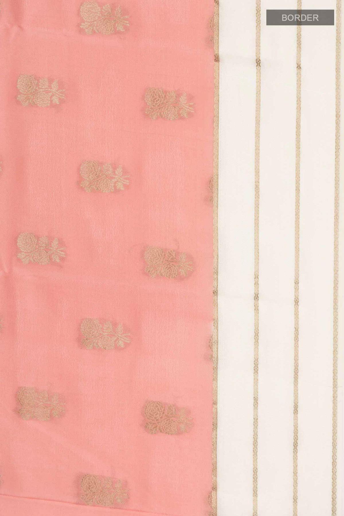Border image of Peach Mysore Crepe Saree with Zari Butta on the body and Zari Border