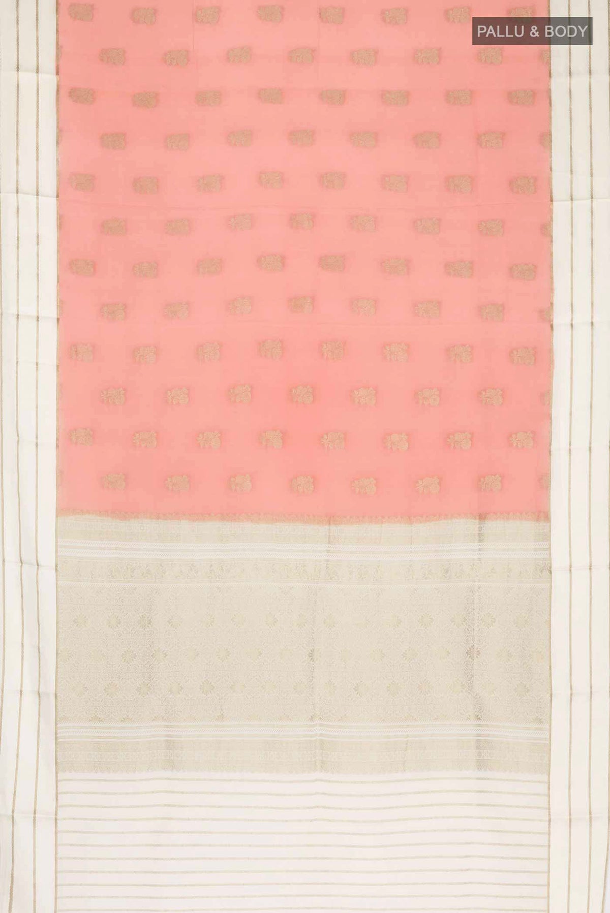 Flat view of Peach Mysore Crepe Saree with Zari Butta on the body and Zari Border