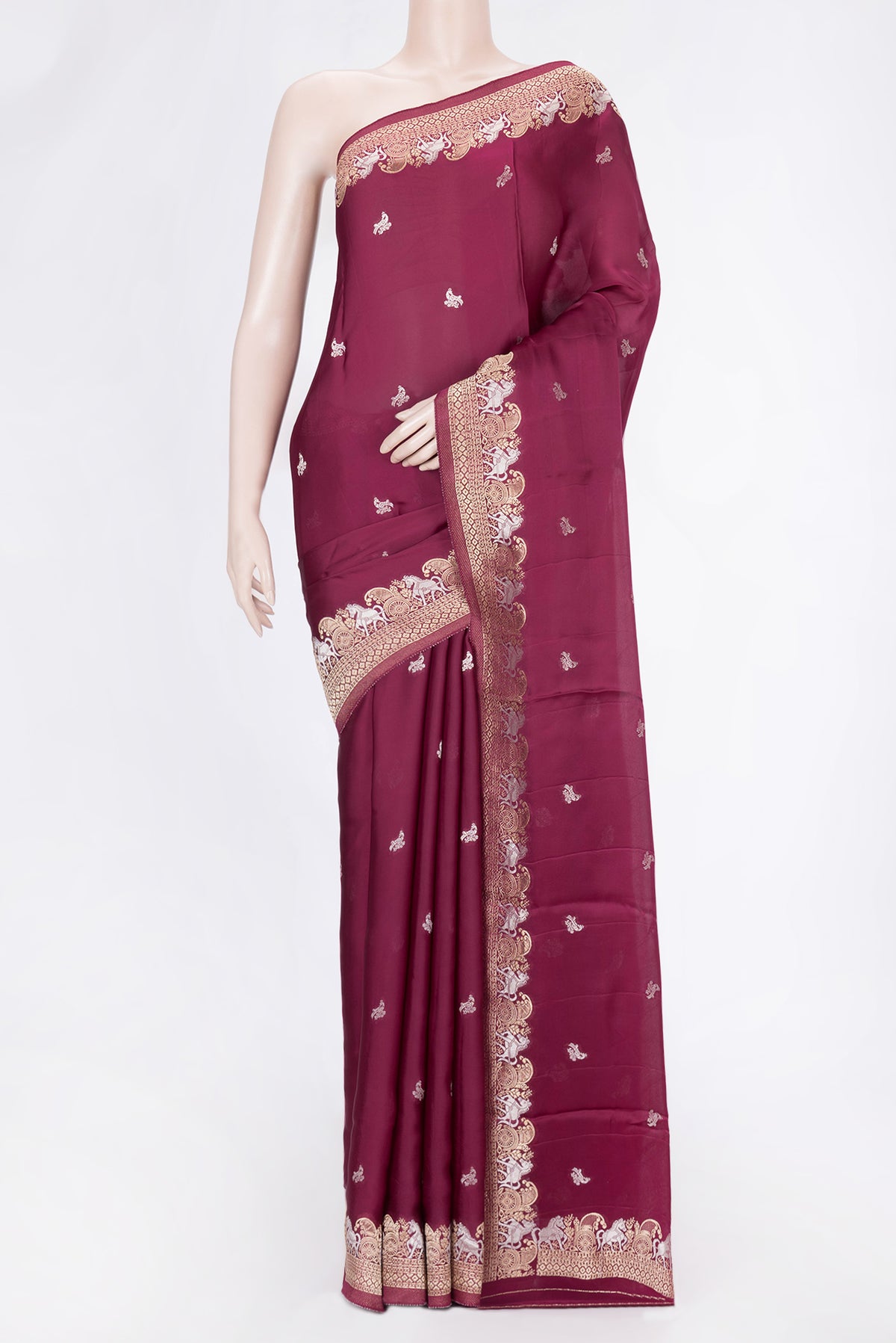 Maroon Dual Tone Blended Mysore Crepe Saree with Zari Butta on the body and Fancy Border.  displayed on a mannequin