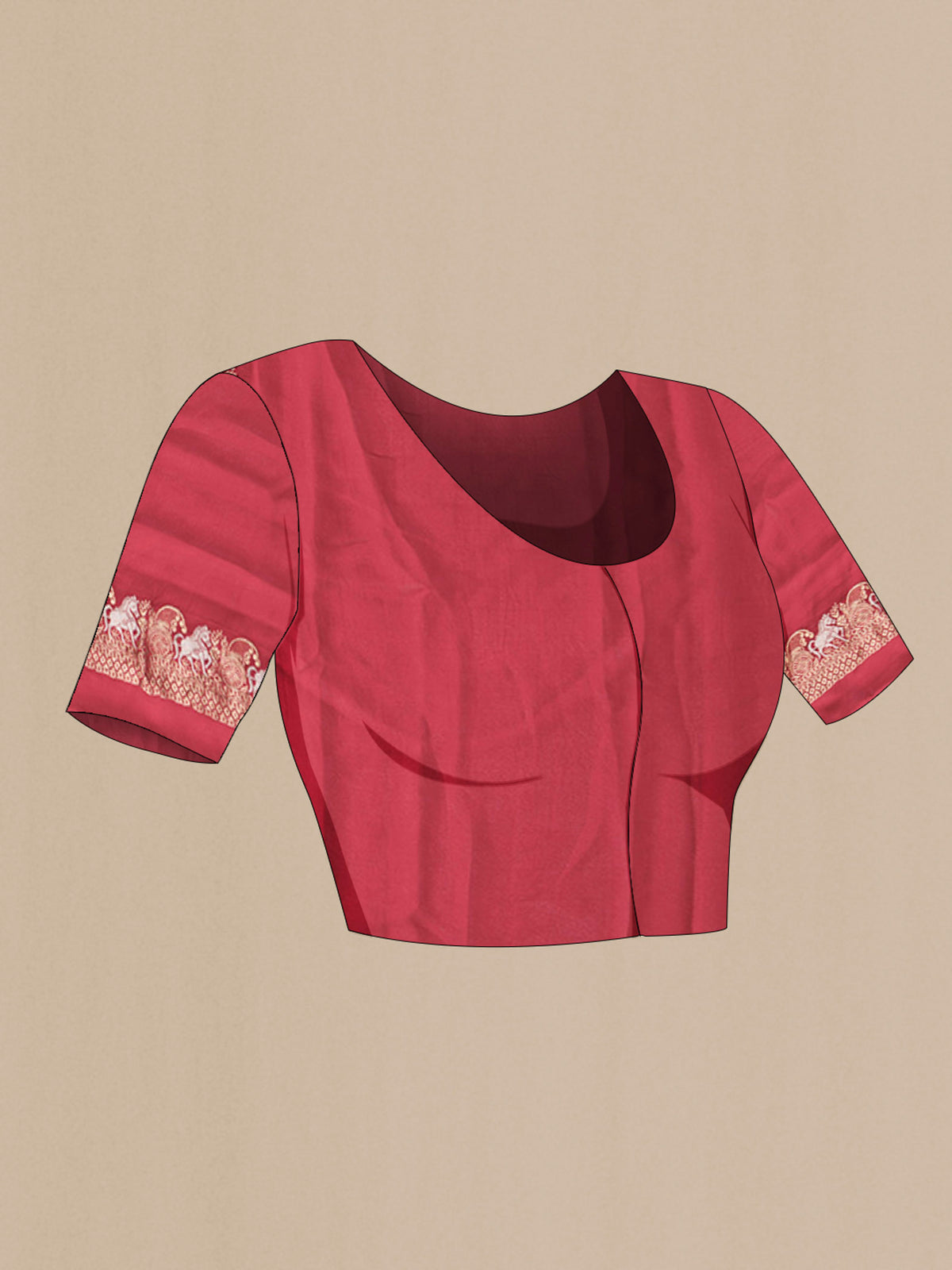 Close up image of the blouse of Red Satin Silk Saree with Zari Butta on the body and Zari Border