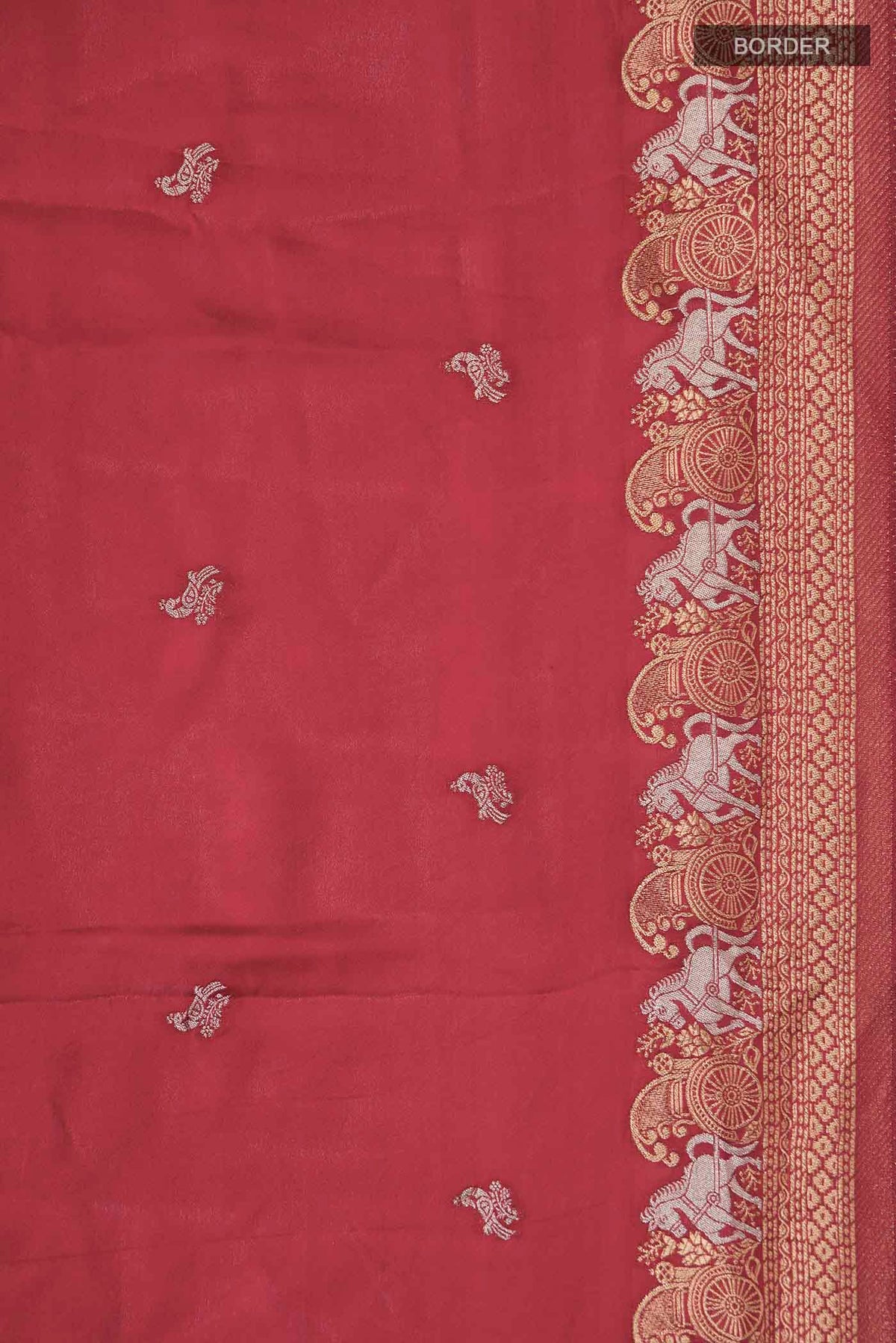 Border image of Red Satin Silk Saree with Zari Butta on the body and Zari Border