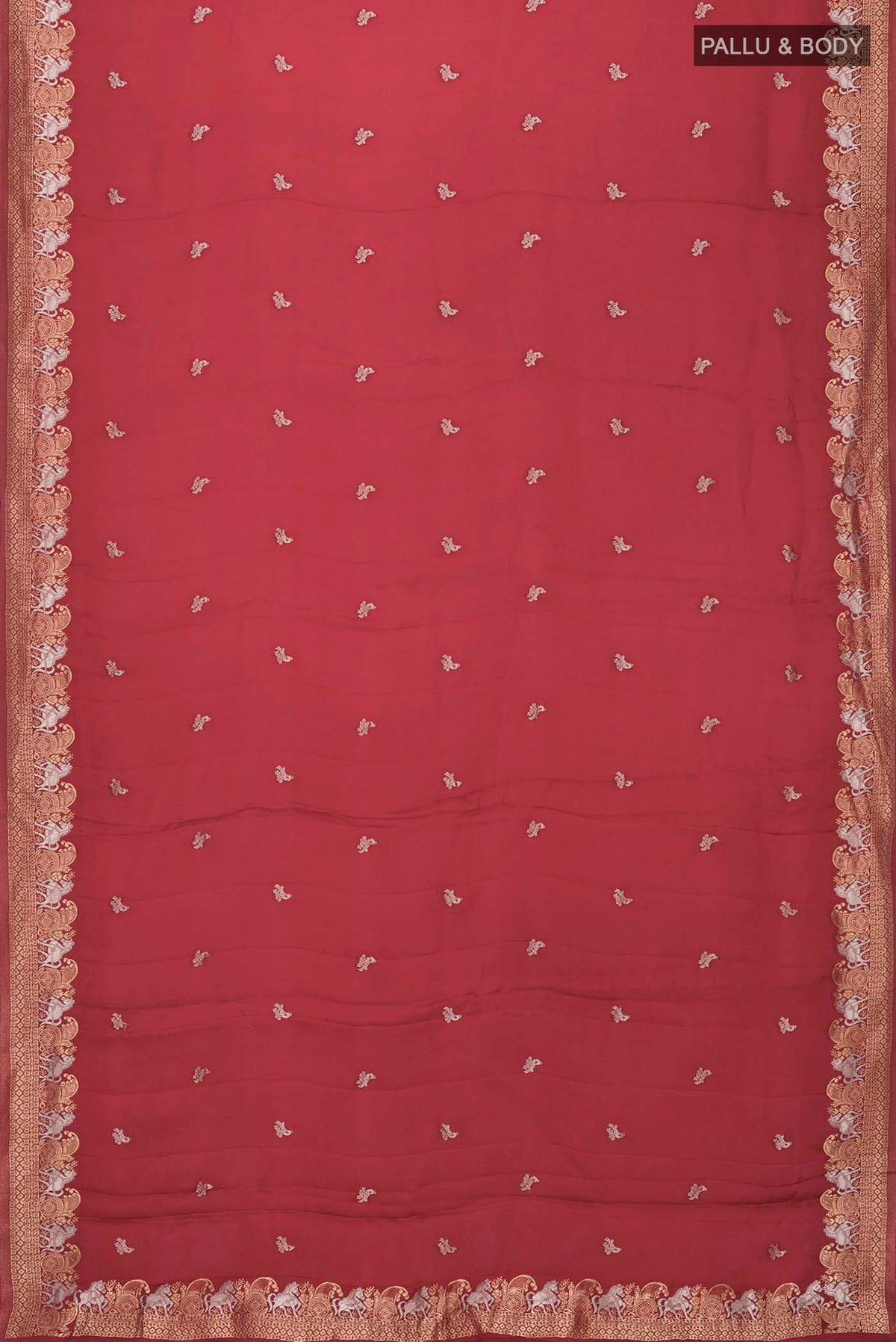 Flat view of Red Satin Silk Saree with Zari Butta on the body and Zari Border