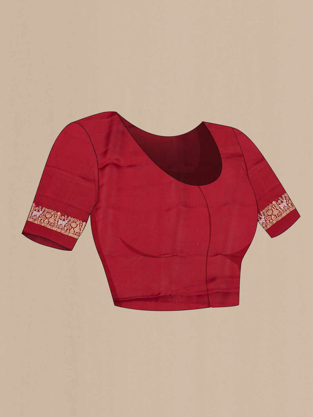 Close up image of the blouse of Maroon Dual Tone Blended Satin Silk Saree with Zari Butta on the body and Zari Border. 