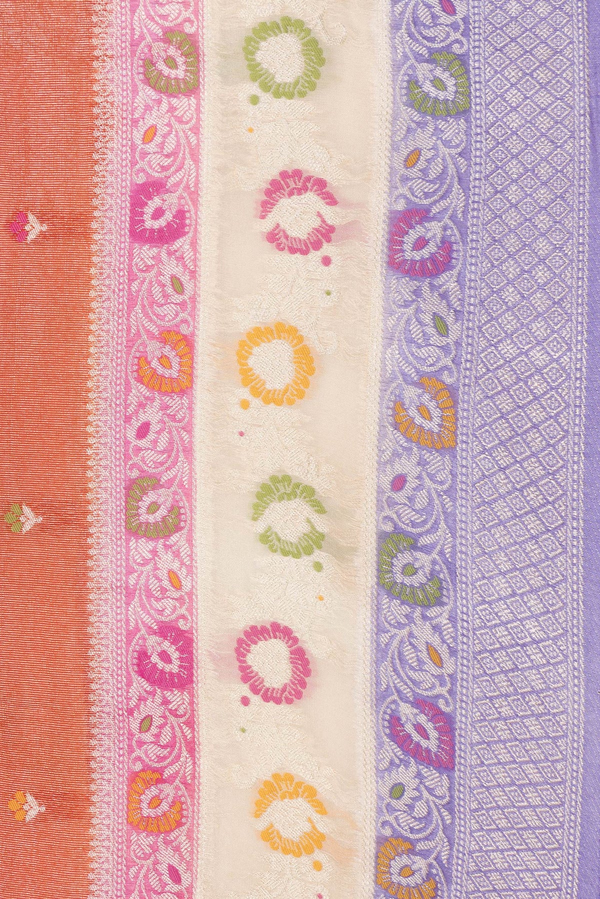 Border image of Orange Dual Tone Organza Silk Saree with Zari And Thread Butta on the body and Fancy Border. 