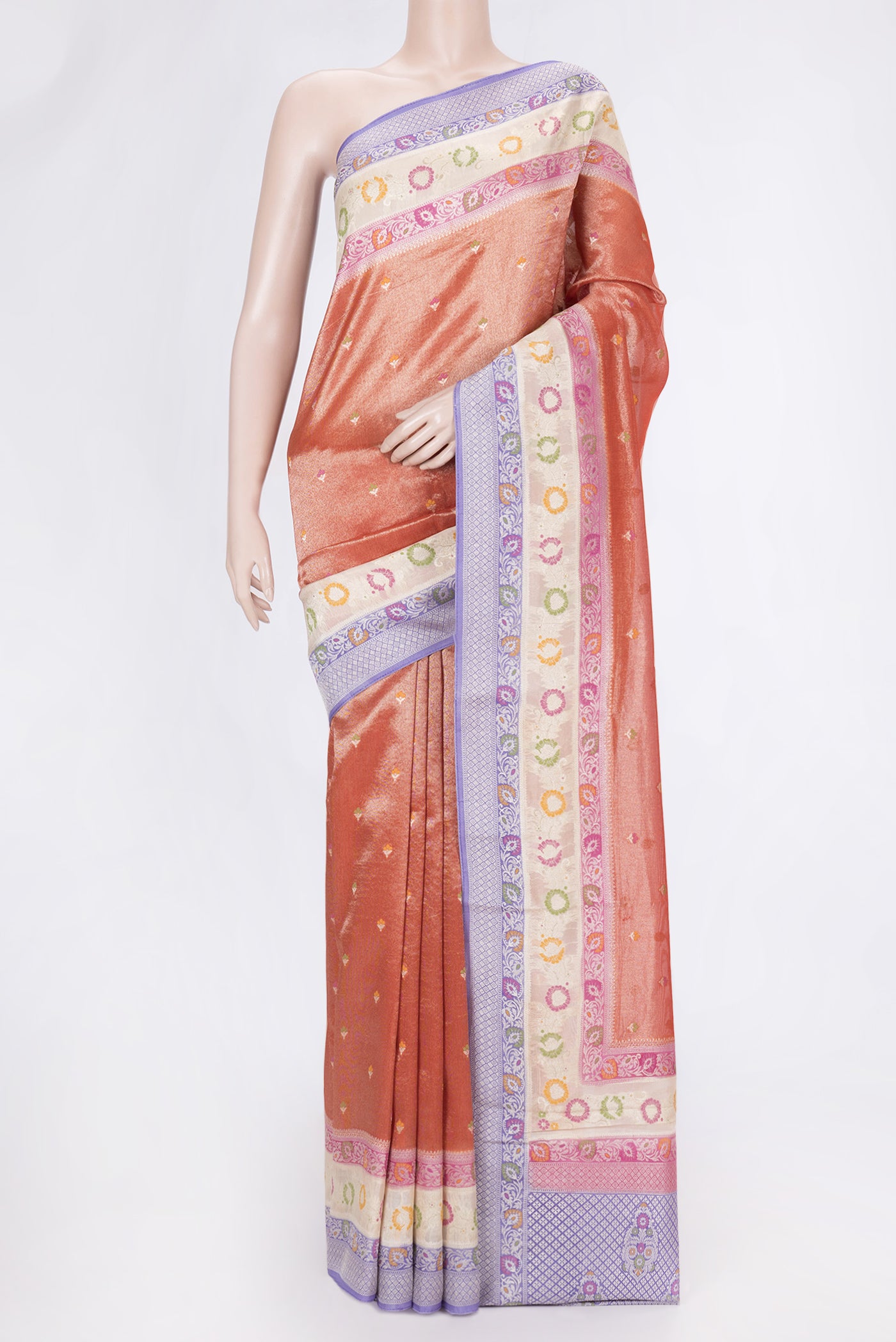 Orange Dual Tone Organza Silk Saree with Zari And Thread Butta on the body and Fancy Border.  displayed on a mannequin