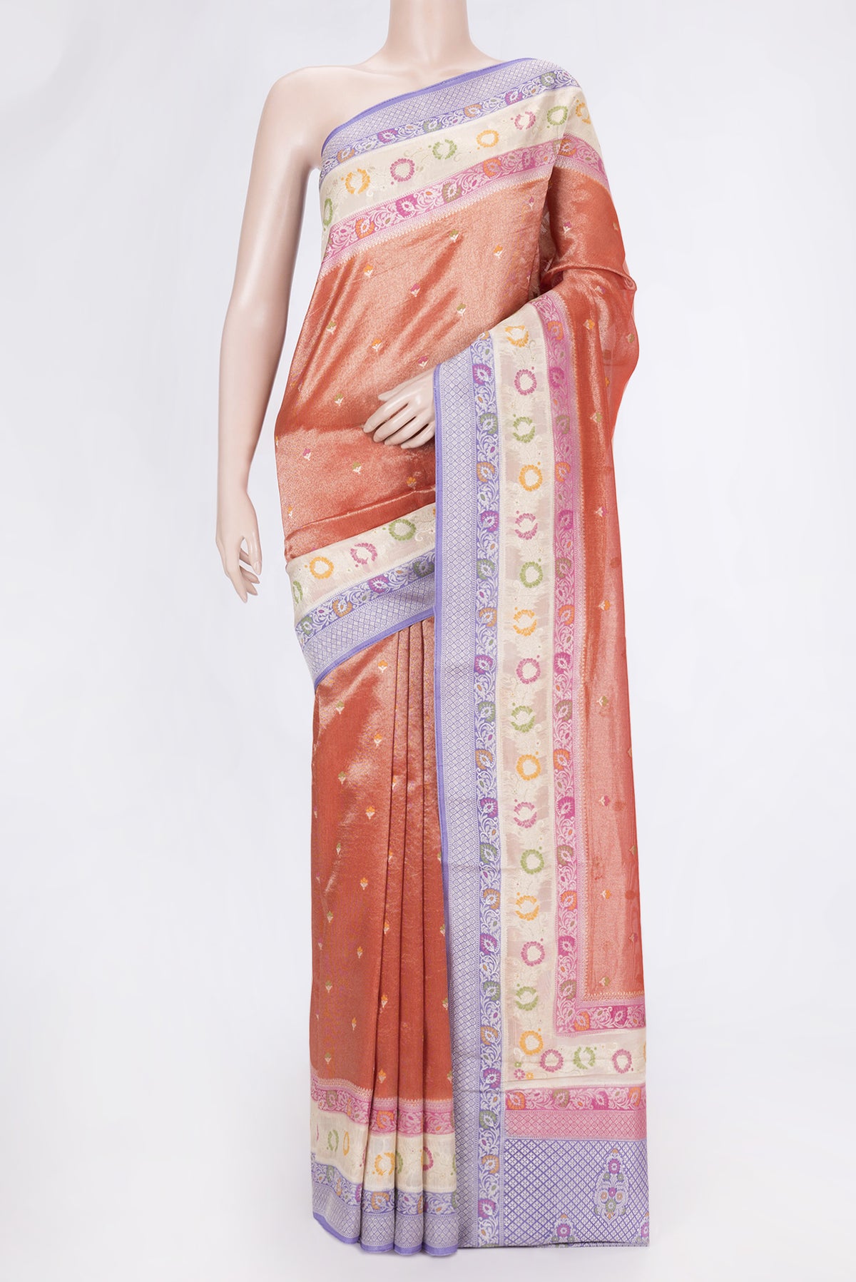 Orange Dual Tone Organza Silk Saree with Zari And Thread Butta on the body and Fancy Border.  displayed on a mannequin