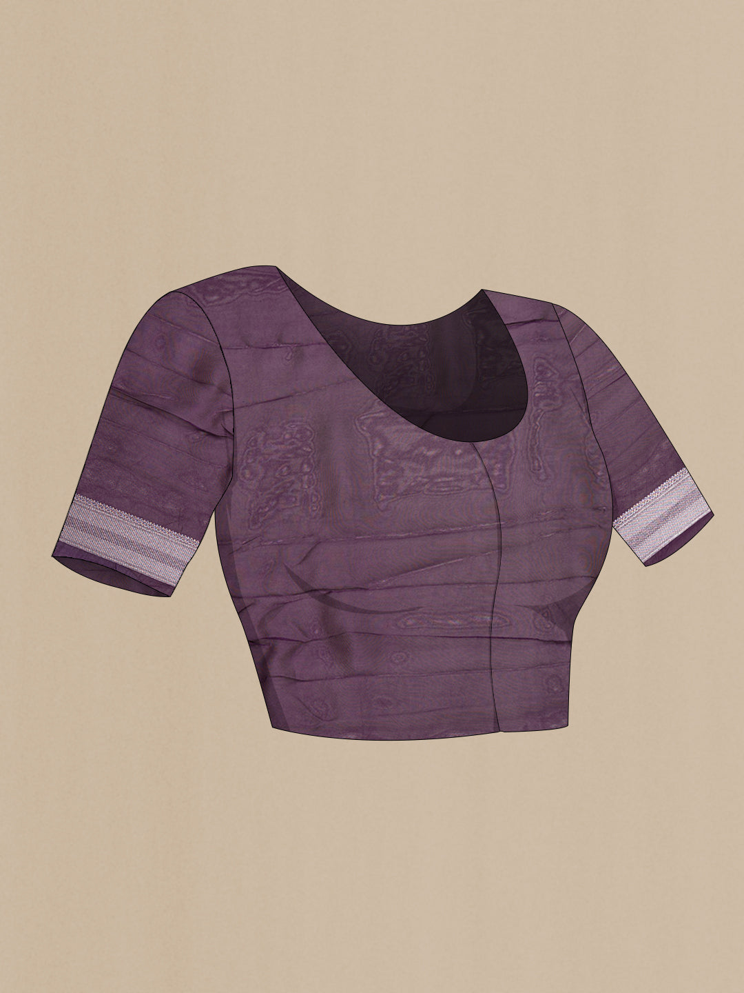 Close up image of the blouse of Purple Dual Tone Organza Silk Saree with Zari And Thread Butta on the body and Zari Border. 