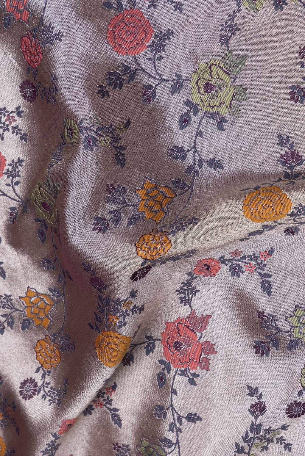 Close up of Purple Dual Tone Organza Silk Saree with Zari And Thread Butta on the body and Zari Border.  displaying folds