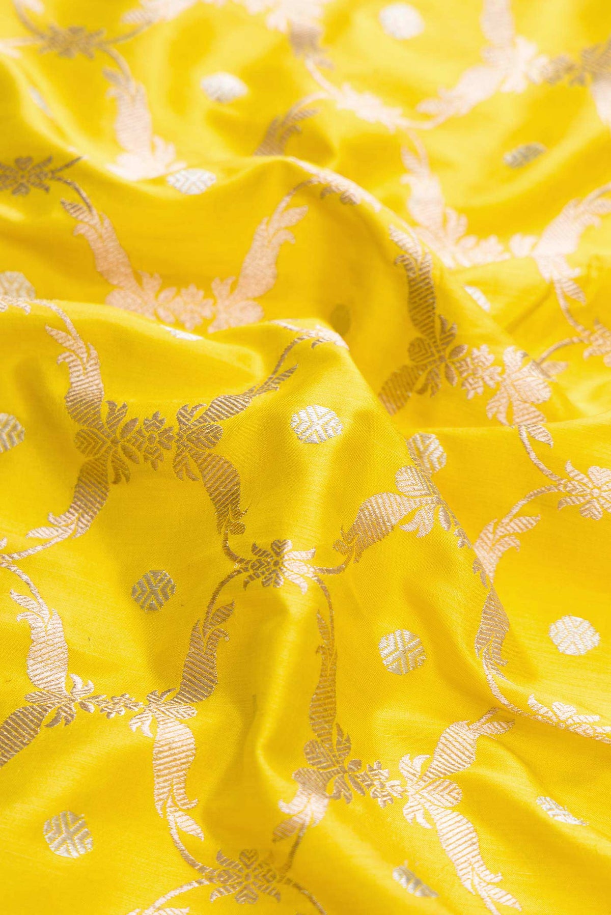 Close up of Yellow Dual Tone Banarasi Silk Saree with Zari Brocade on the body and Zari Border displaying folds