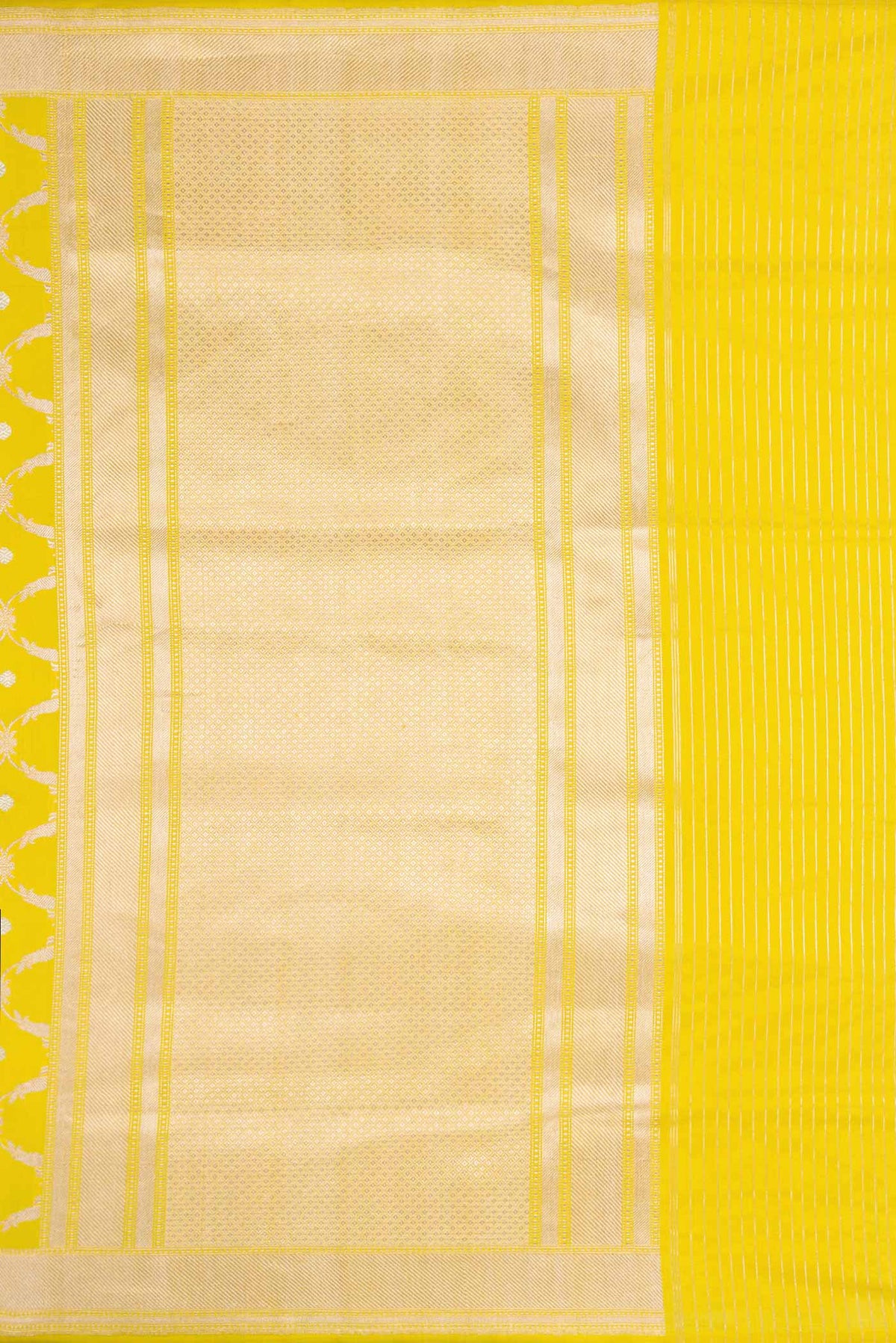Close up image of the pallu of Yellow Dual Tone Banarasi Silk Saree with Zari Brocade on the body and Zari Border