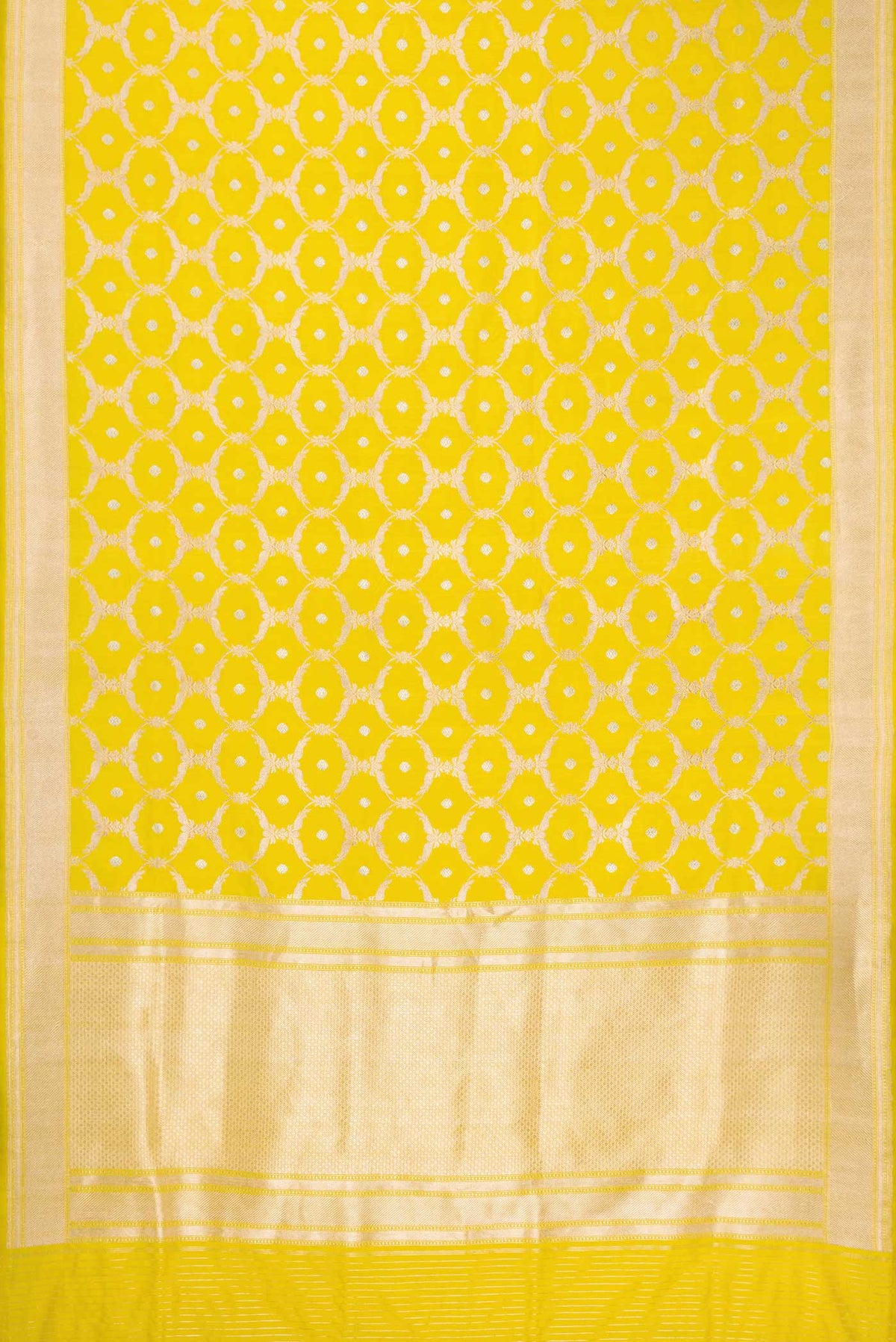 Flat view of Yellow Dual Tone Banarasi Silk Saree with Zari Brocade on the body and Zari Border