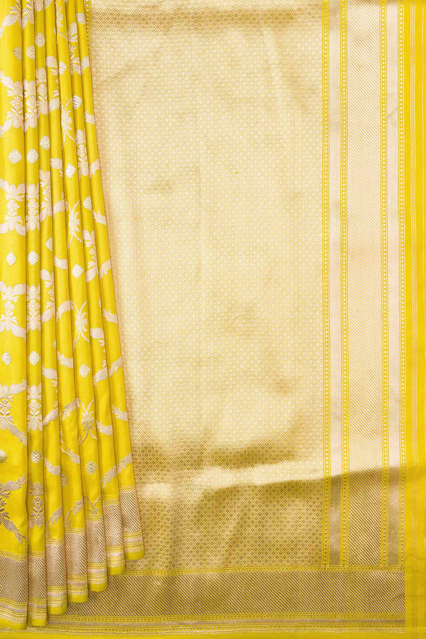 Pleats and pallu of Yellow Dual Tone Banarasi Silk Saree with Zari Brocade on the body and Zari Border