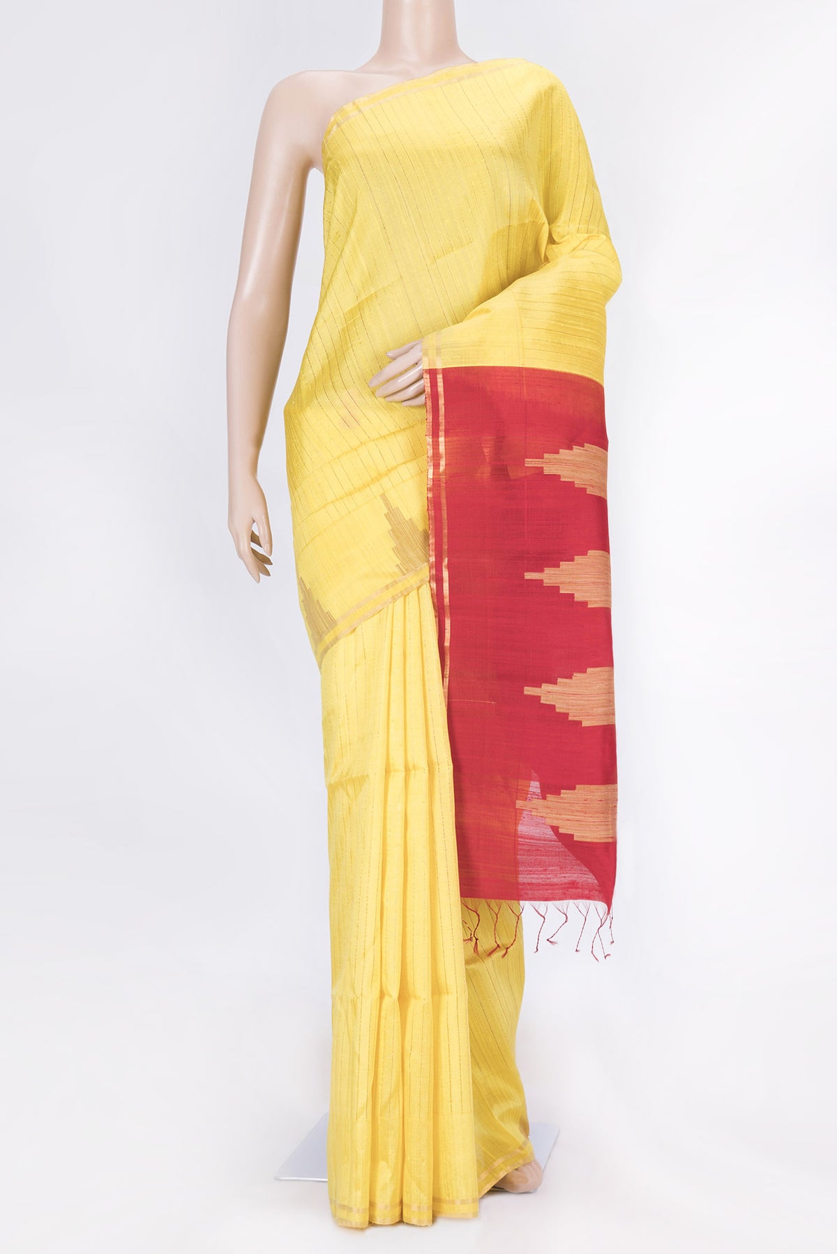 Yellow Dual Tone Raw Silk Saree with Stripes on the body and Zari Border displayed on a mannequin
