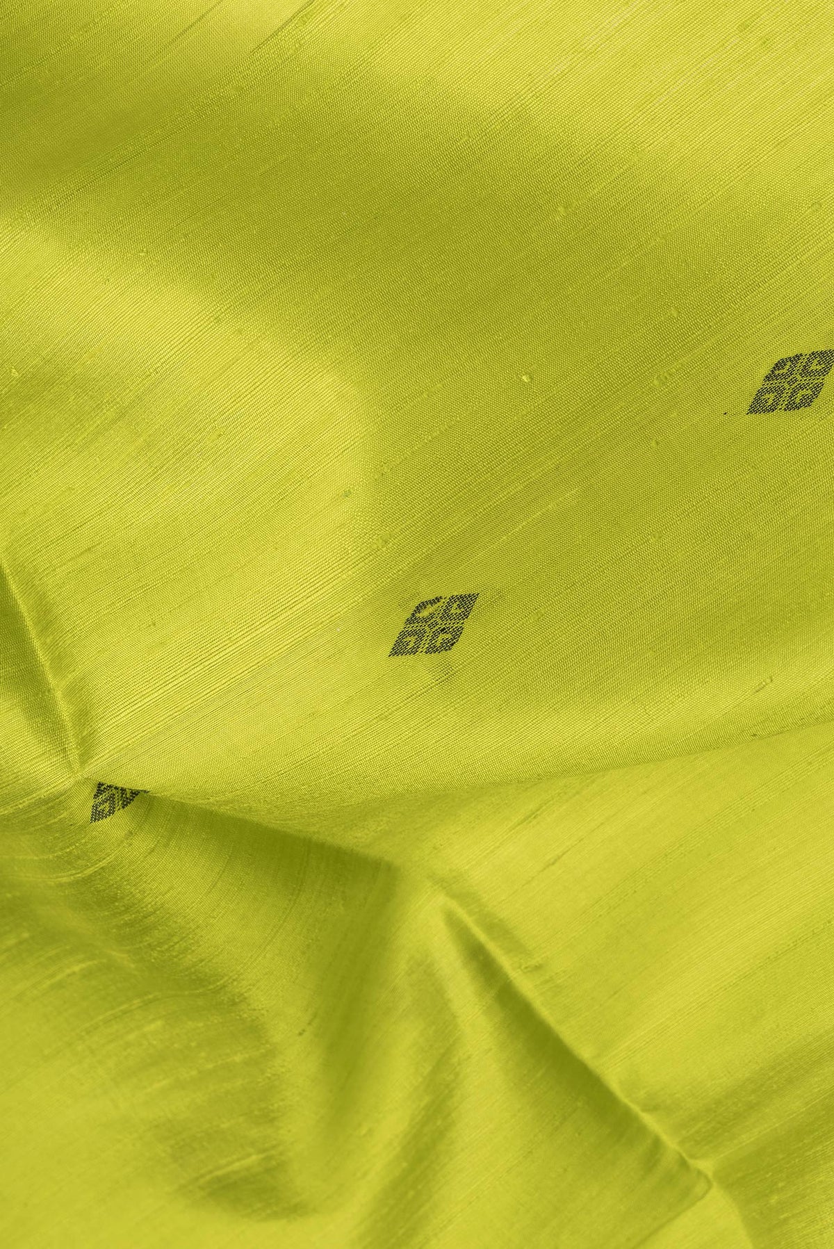 Close up of Parrot Green Dual Tone Raw Silk Saree with Thread Butta on the body and Thin Zari Line.  displaying folds