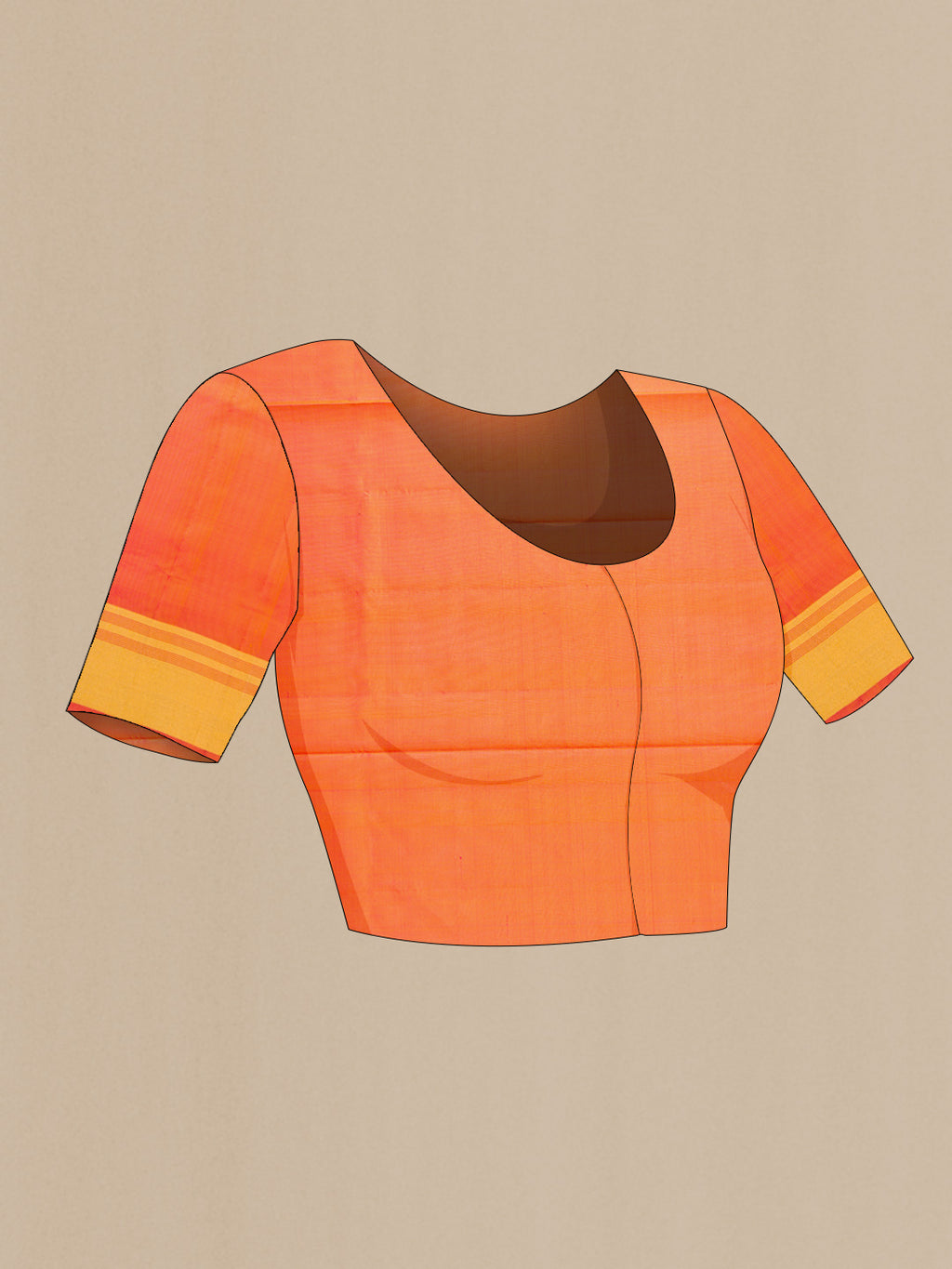 Close up image of the blouse of Orange Dual Tone Soft Silk Saree with Zari Butta on the body and Zari Border