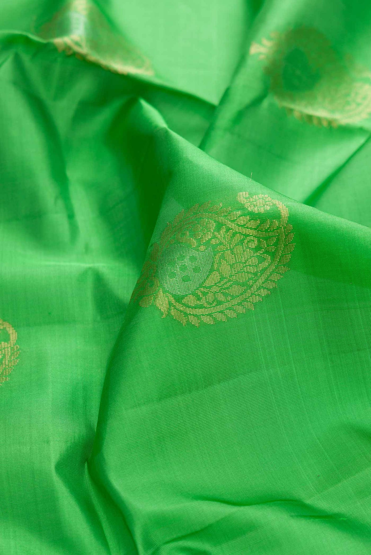 Close up of Green Dual Tone Soft Silk Saree with Zari Butta on the body and Zari Border displaying folds
