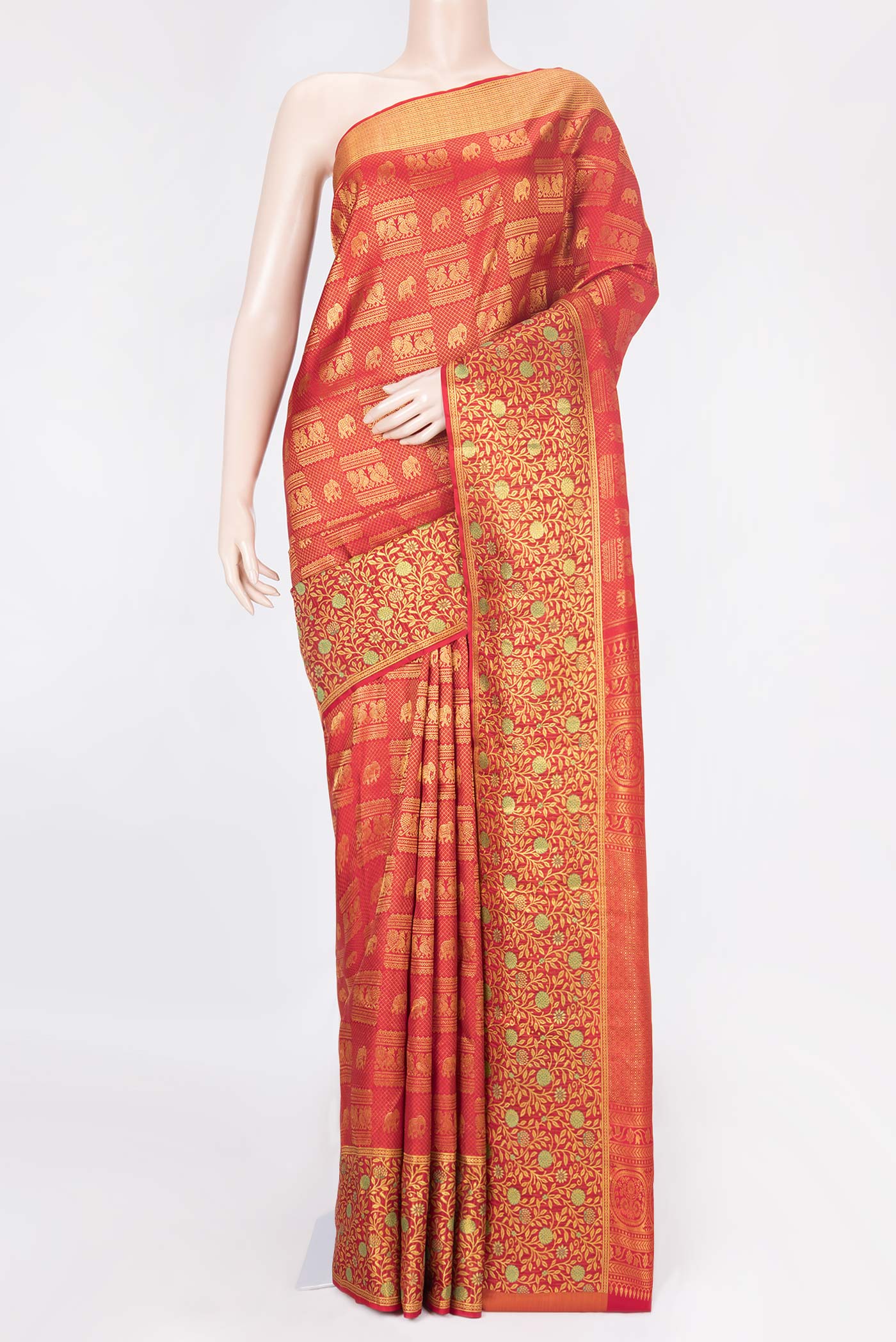 Red Dual Tone Kanchipuram Saree with Zari Brocade on the body and Zari Border displayed on a mannequin
