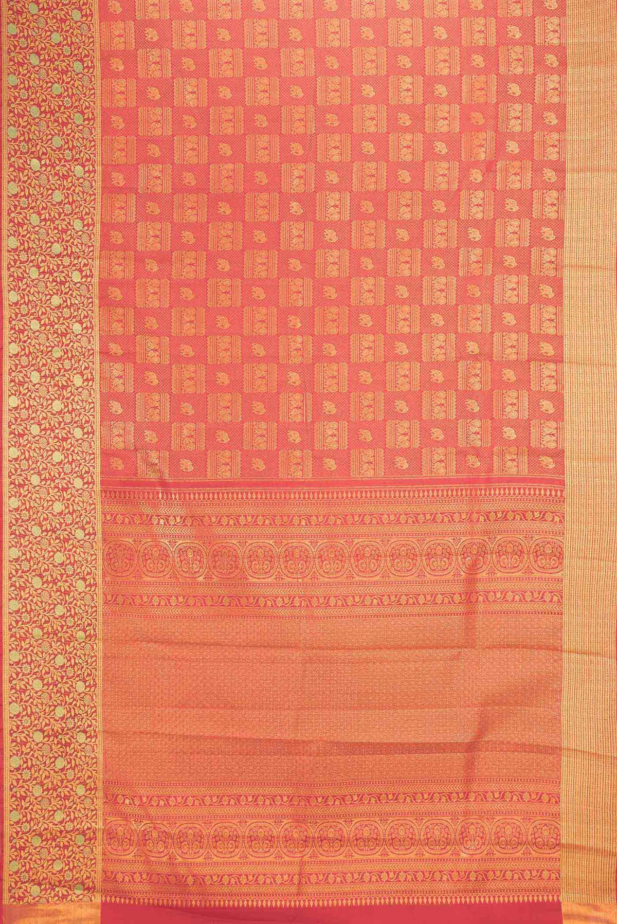 Flat view of Red Dual Tone Kanchipuram Saree with Zari Brocade on the body and Zari Border