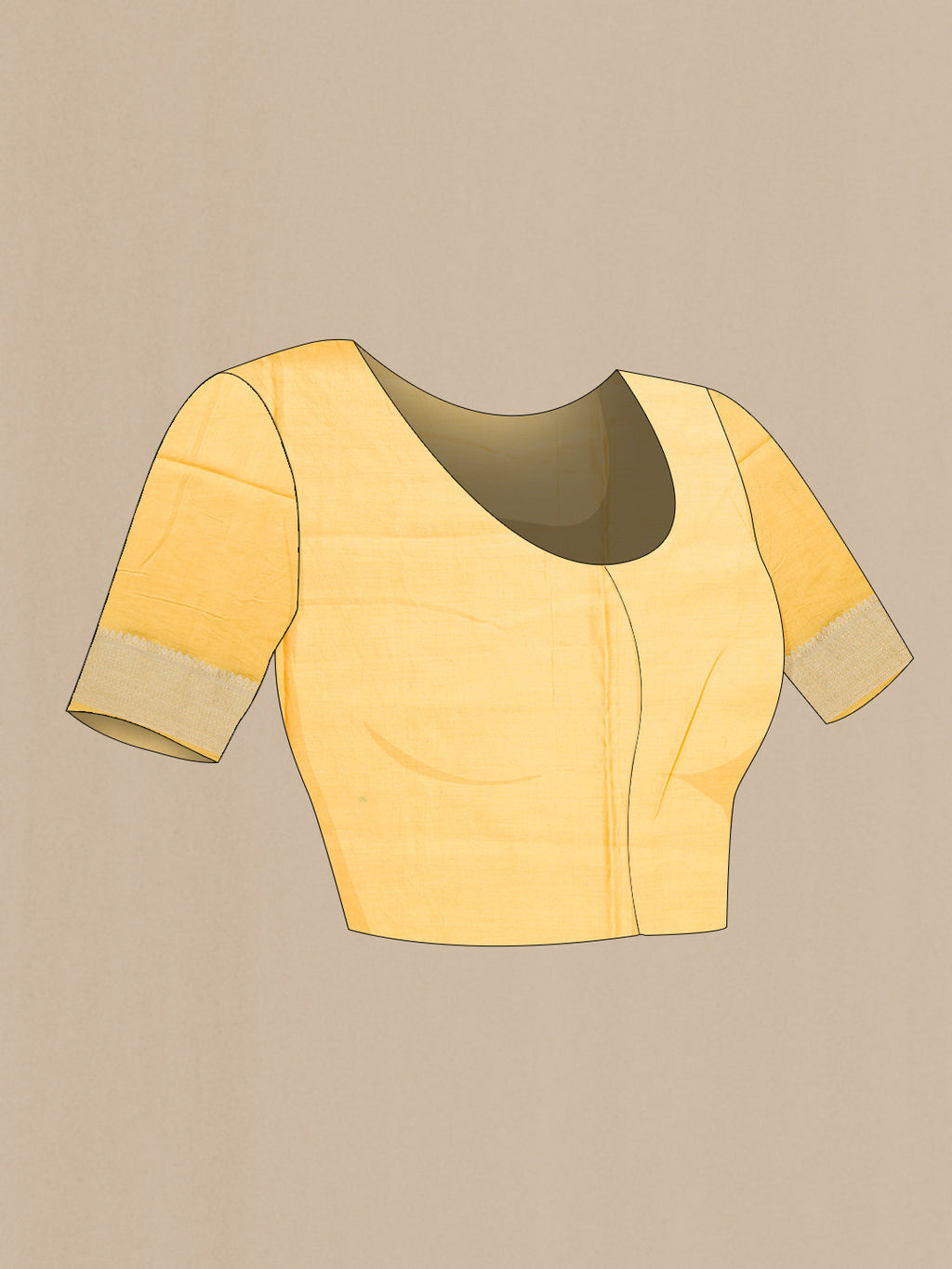 Close up image of the blouse of Yellow Dual Tone Tussar Silk Saree with Printed design on the body and Zari Border