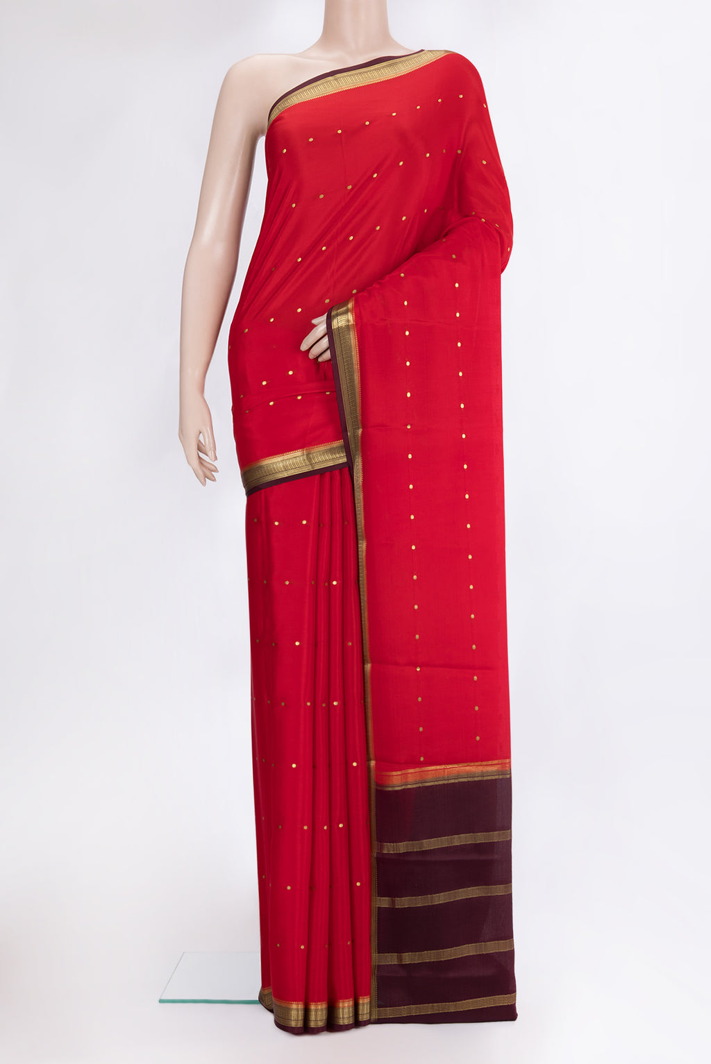 Red Mysore Silk Saree with Zari Butta on the body and Zari Border.  displayed on a mannequin
